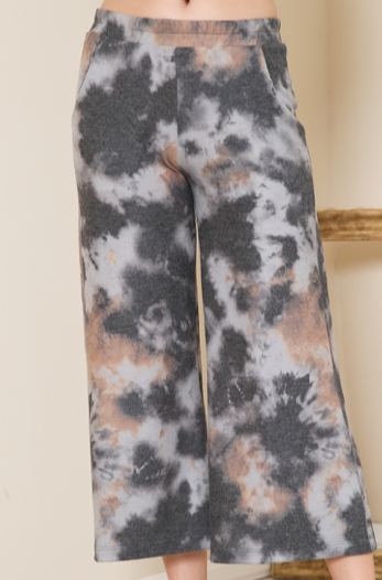 Cropped Wide Pants - Gray/Pink tie dye