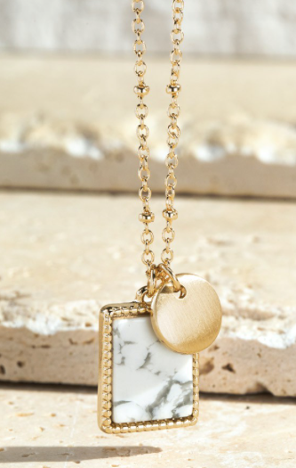 Square semi-precious stone pendant necklace