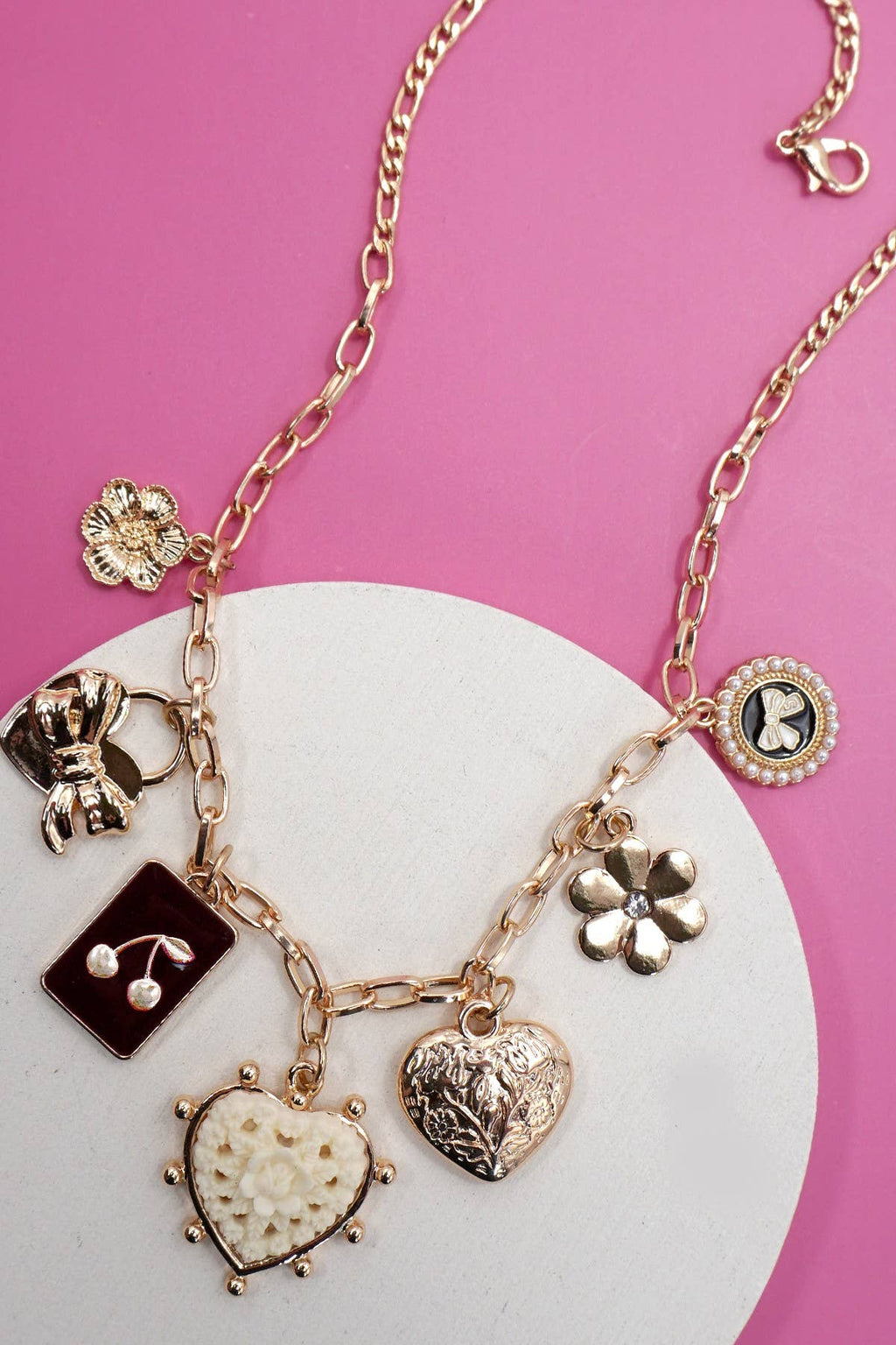 CHARM NECKLACE-BOW CHERRY HEART FLOWER