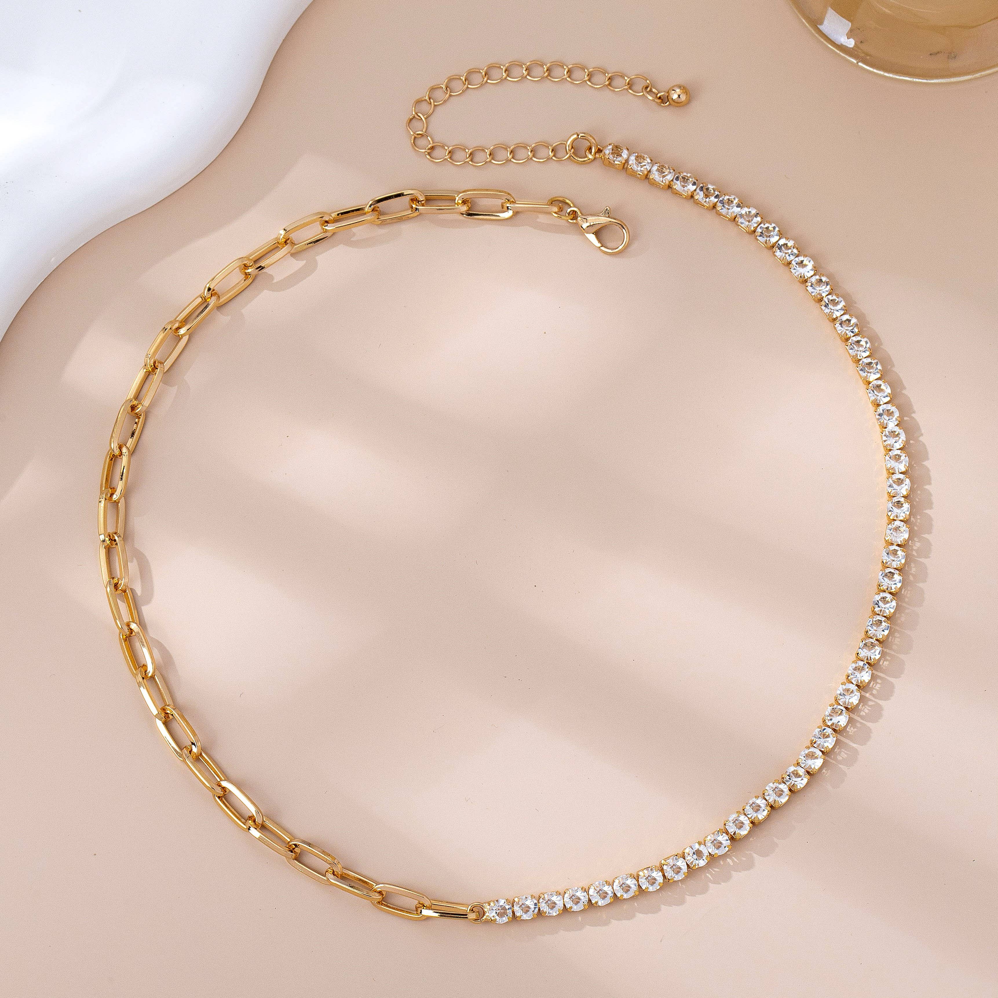 Dual Necklace-Half Rhinestones & Half Link Chain