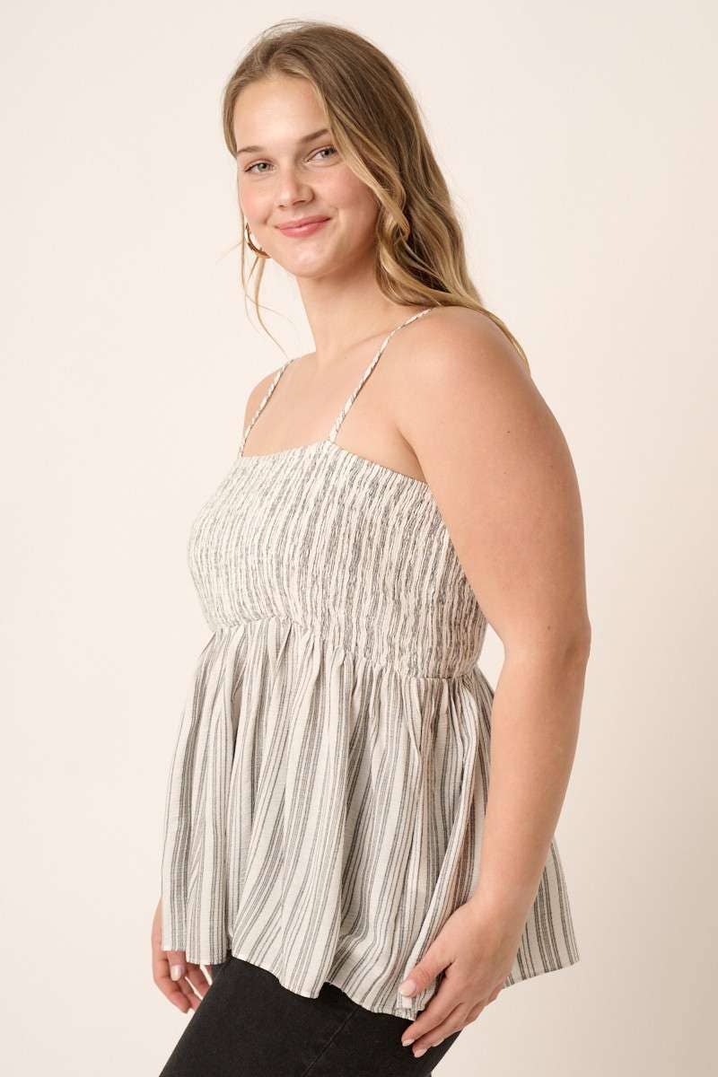 PLUS STRIPE SMOCKING DETAIL TANK BLOUSE