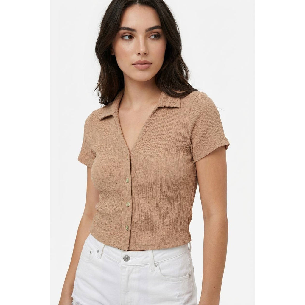 Crinkle Knit Button Front Top