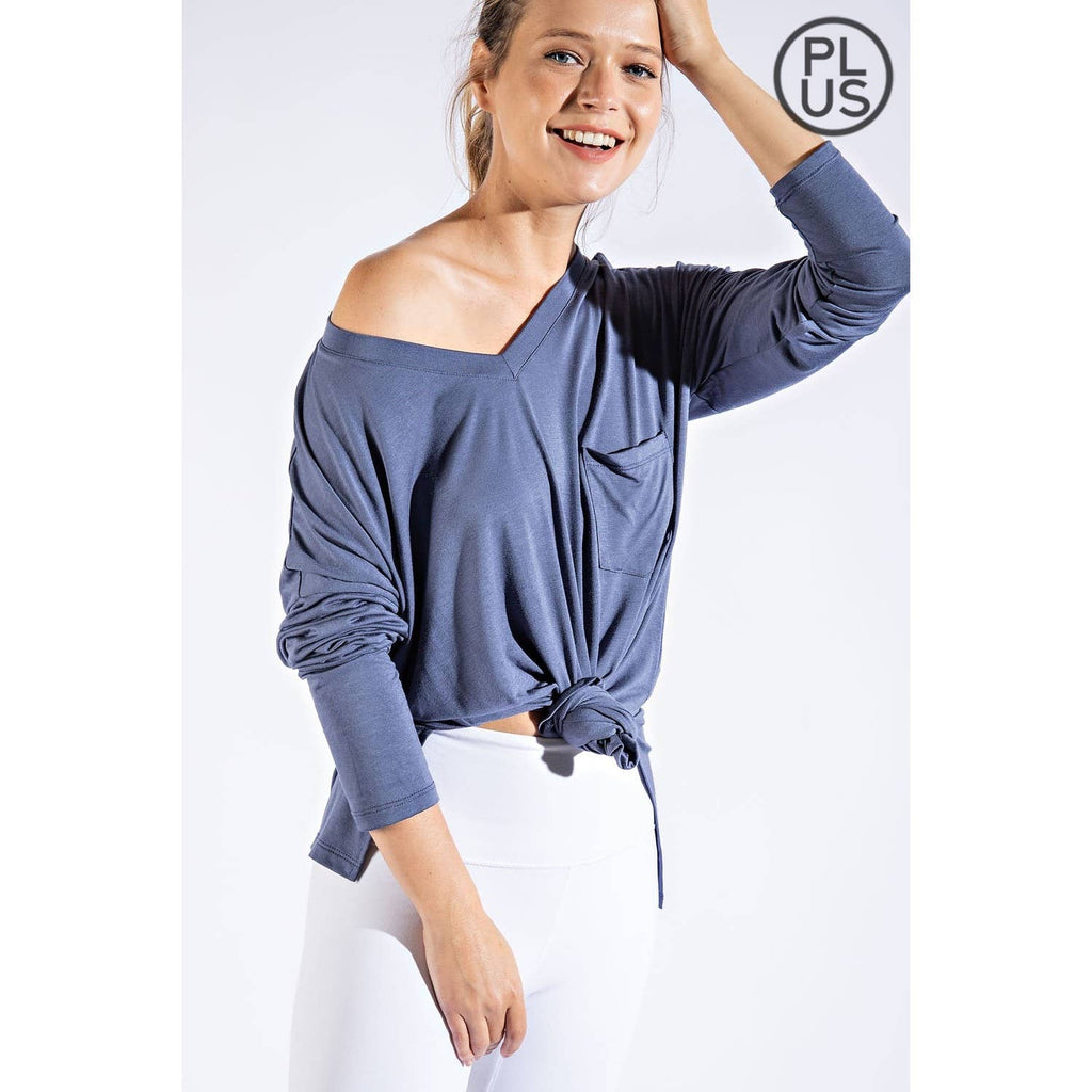PLUS SIZE BASIC LONG SLEEVE TOP WITH POCKET