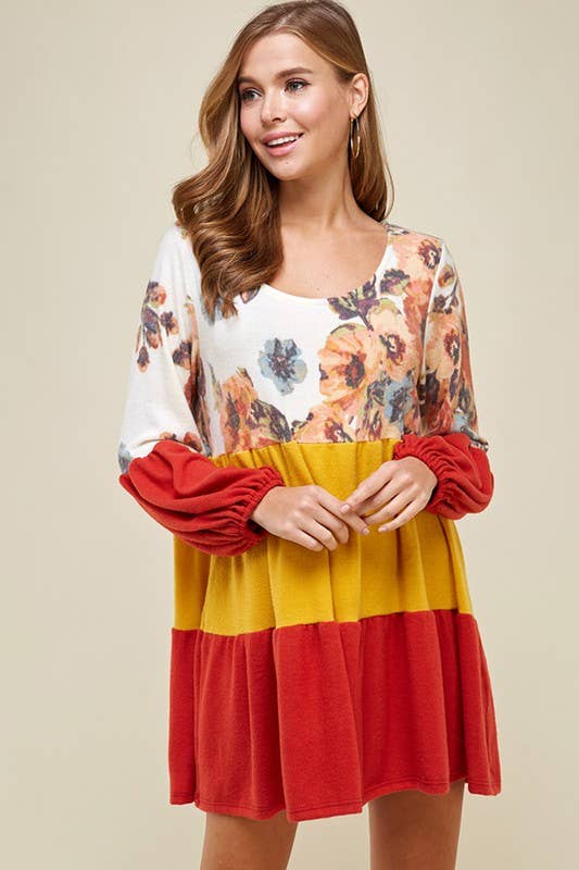 ETK-7798 Floral Color Block Babydoll Dress