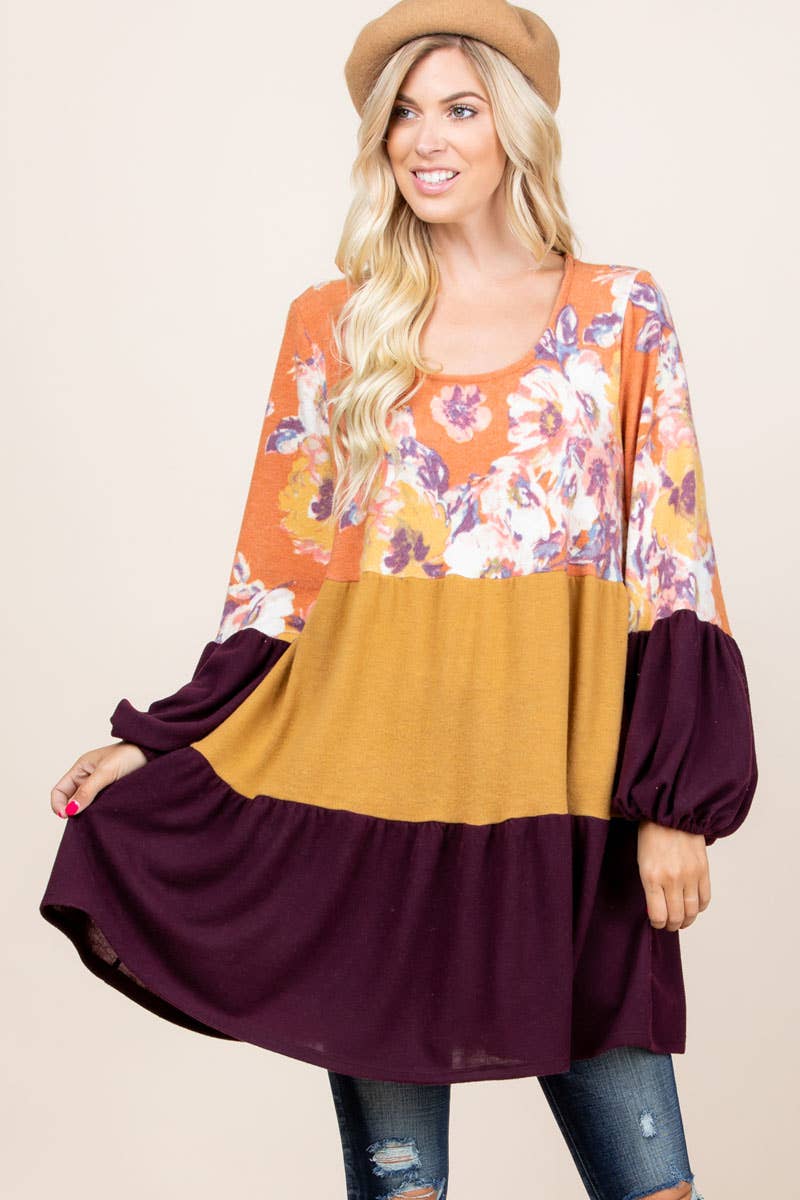 ETK-7798 Floral Color Block Babydoll Dress