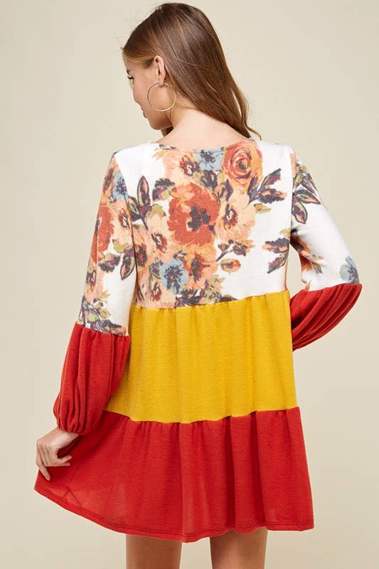 ETK-7798 Floral Color Block Babydoll Dress