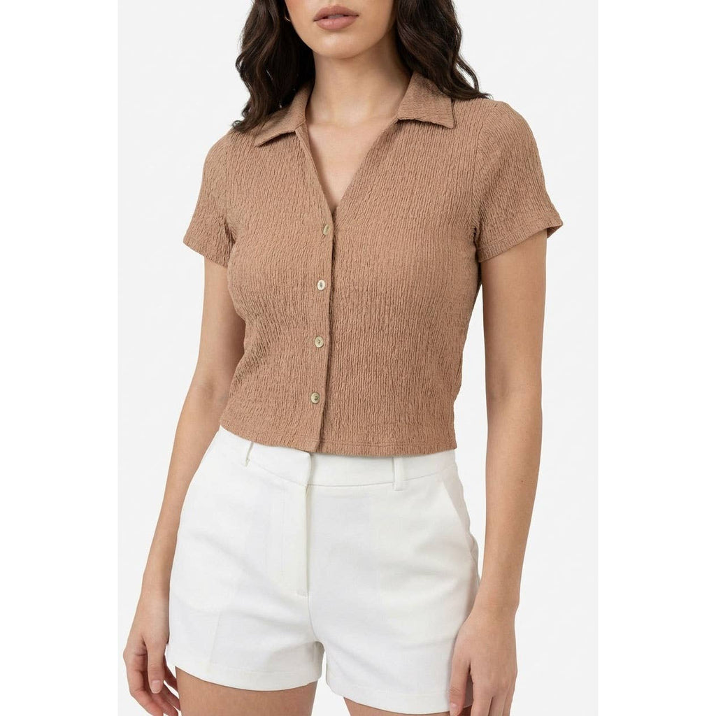 Crinkle Knit Button Front Top