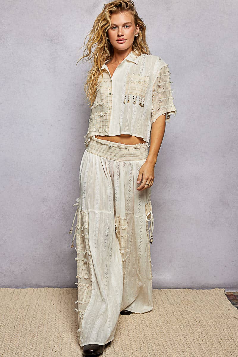 Boho Ruffle Contrast Shell Trim Wide Leg Pants