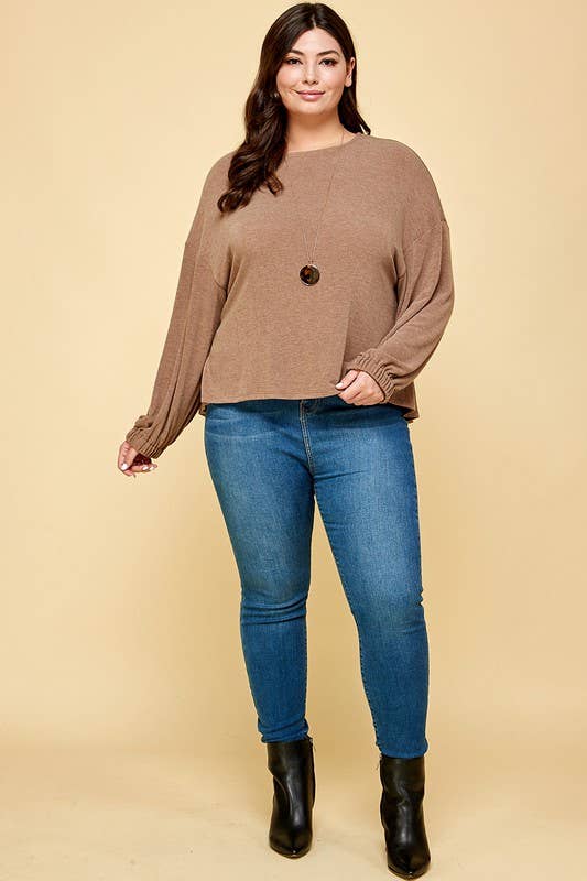 ETK-8582-PL Plus Size Solid Ruched Back Casual Top