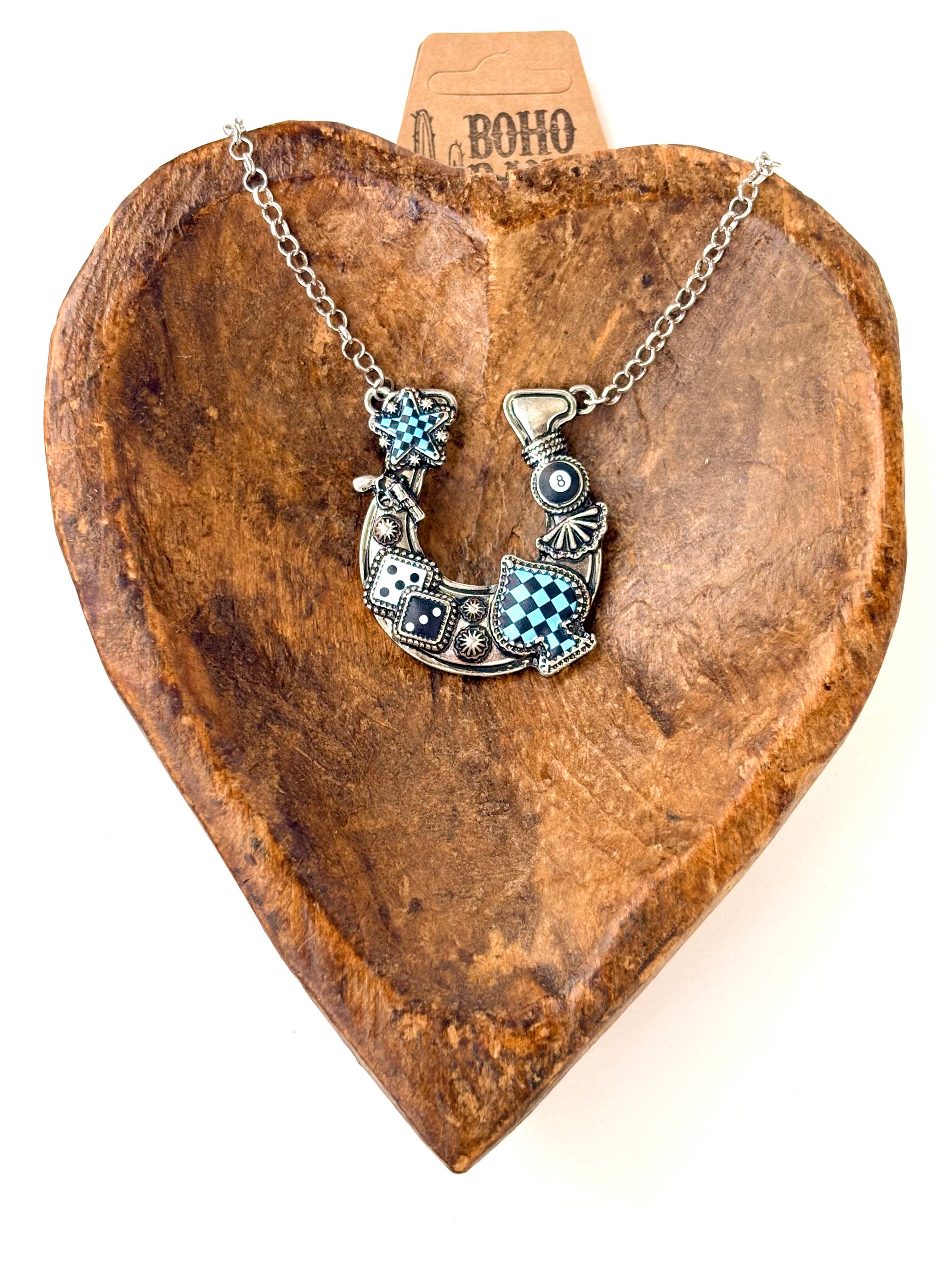 Western Style Horseshoe Checker Lucky Pendant Necklace