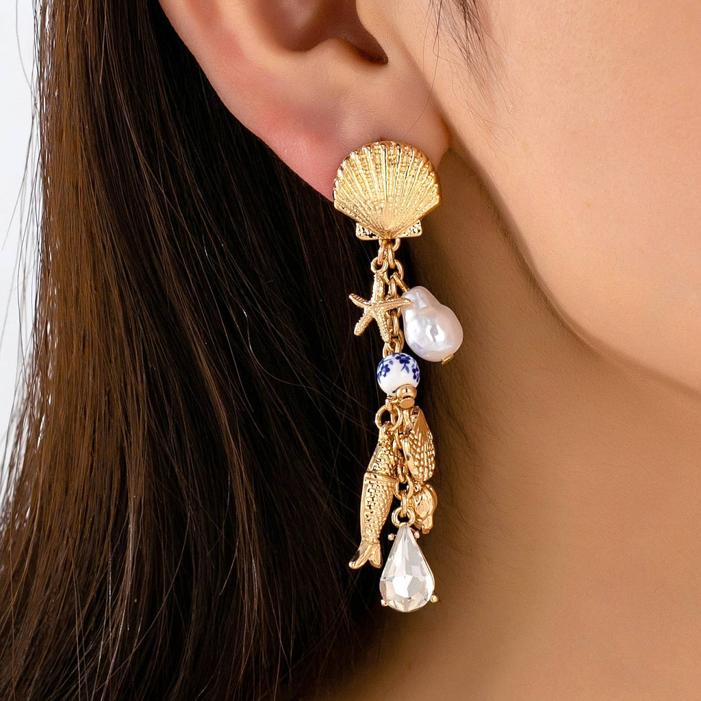 Pearl Shell Fish Cluster Charm Drop Earrings