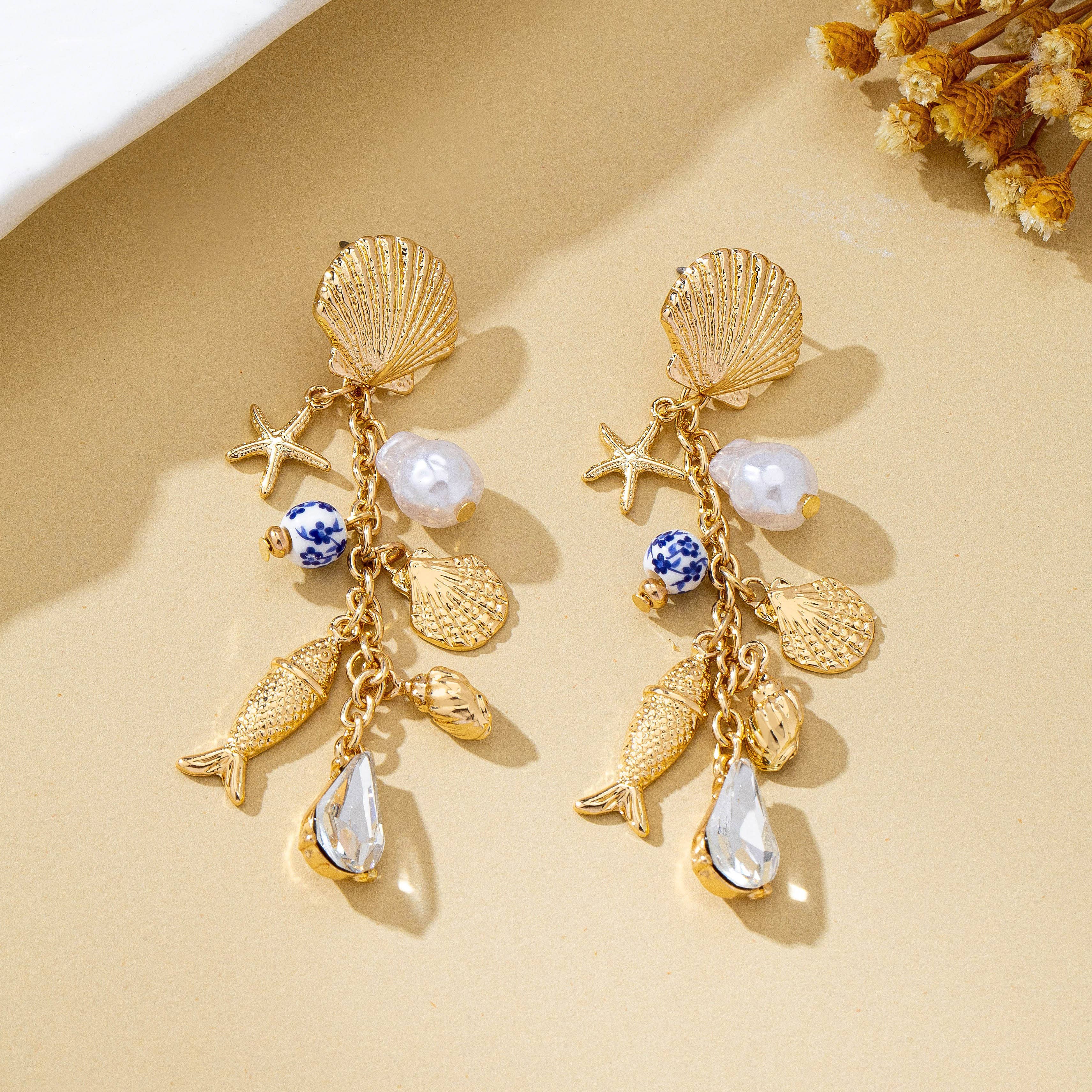 Pearl Shell Fish Cluster Charm Drop Earrings