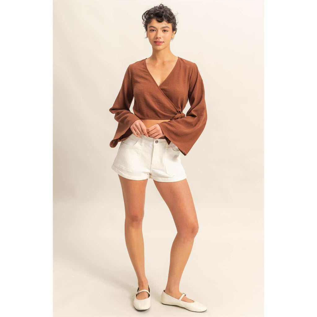 Crinkle Woven Wrap Style Cropped Blouse