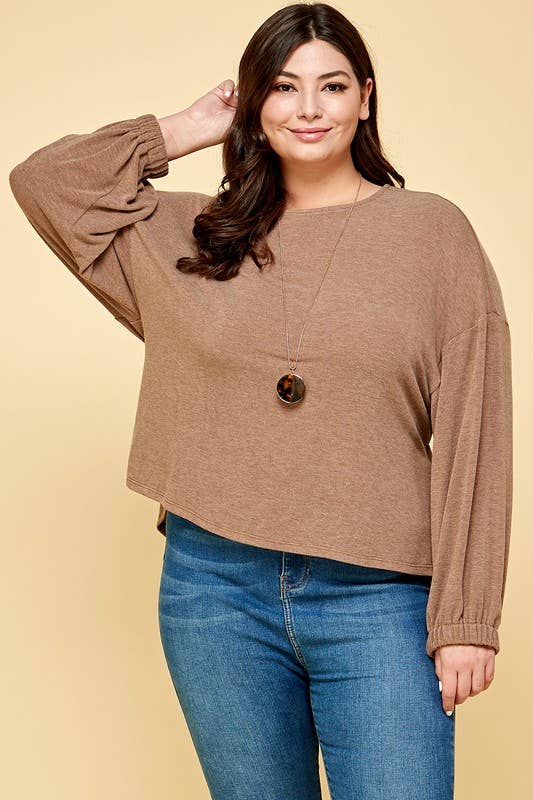 ETK-8582-PL Plus Size Solid Ruched Back Casual Top
