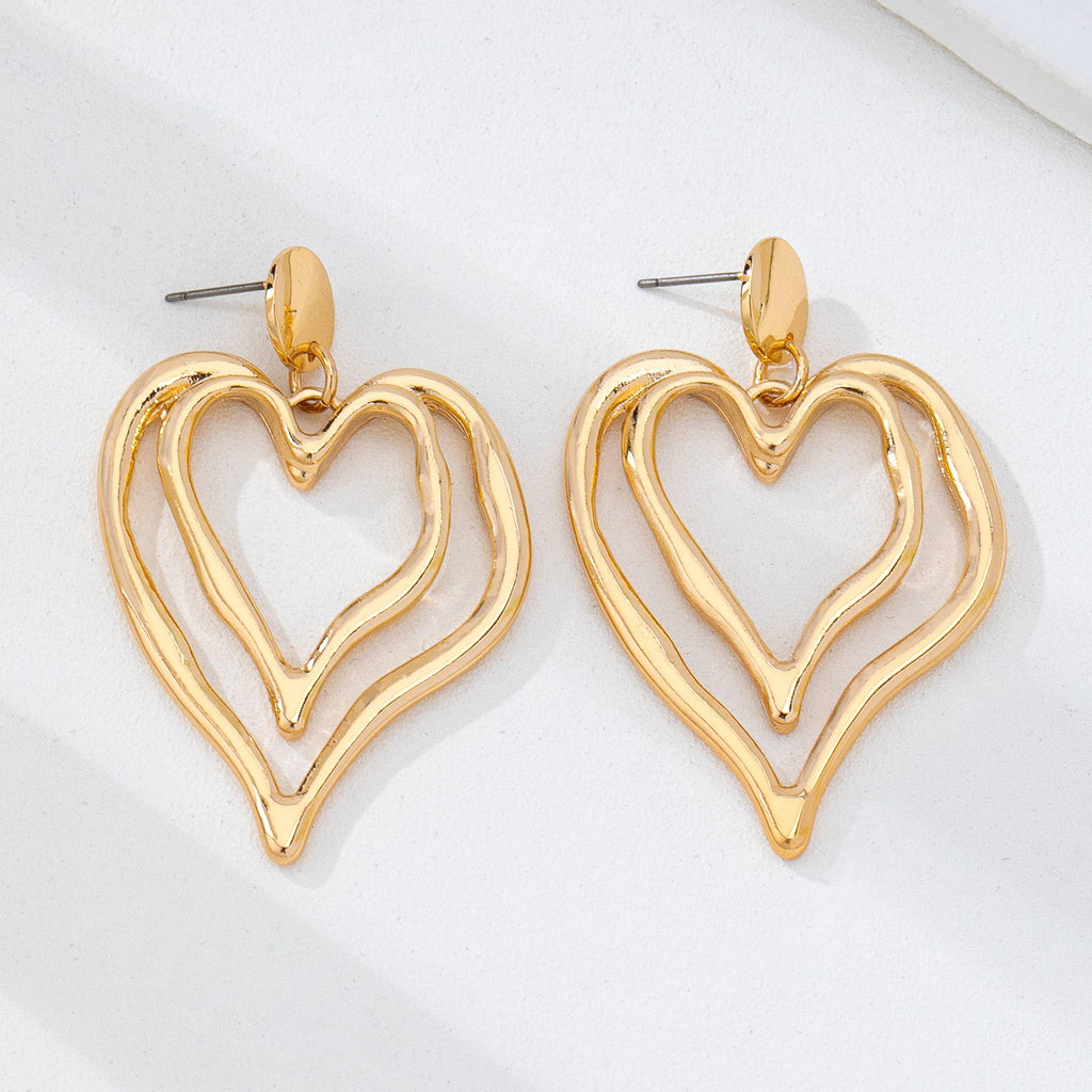 Double Layer Gold-Tone Heart Drop Earrings