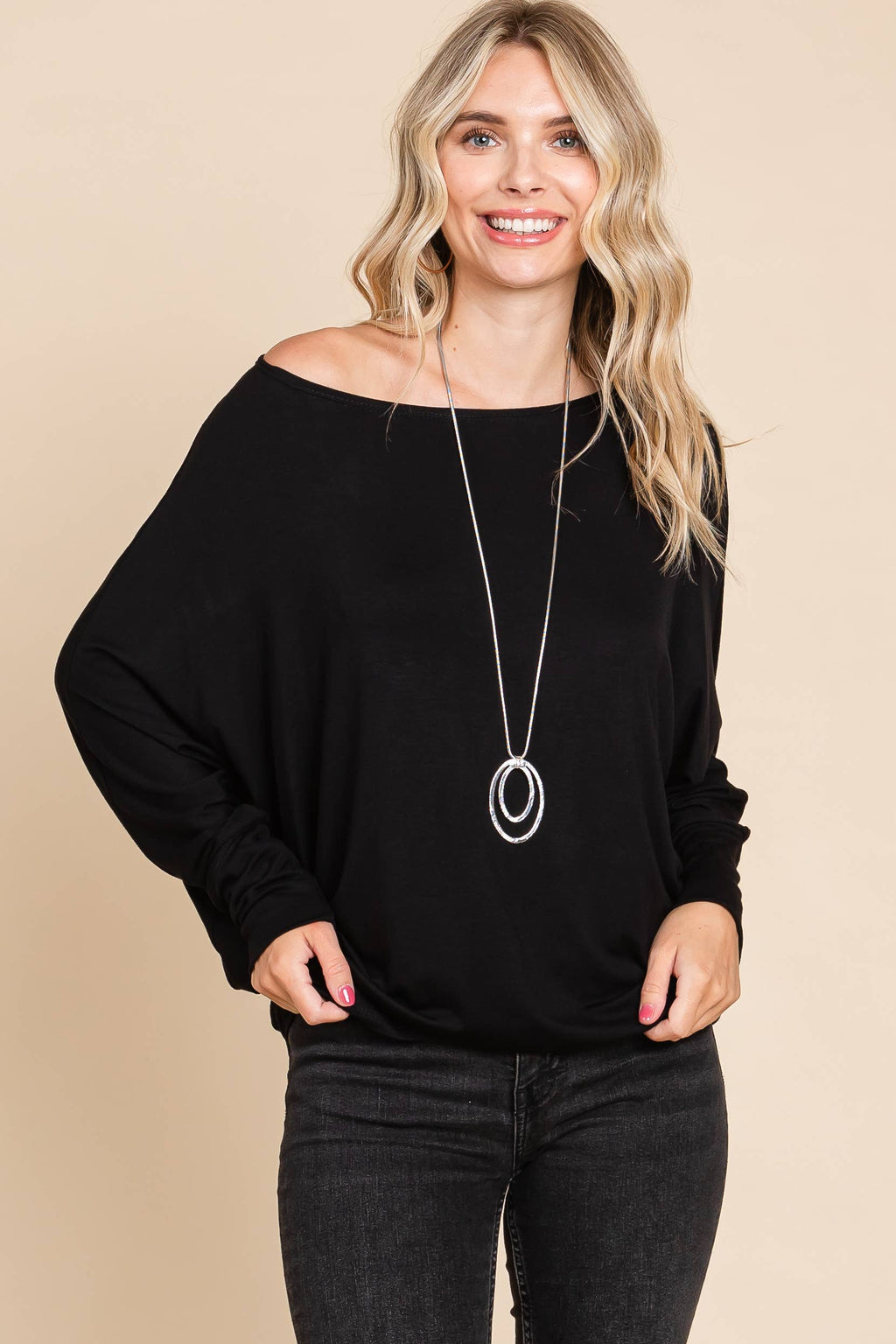 ETK-8992-PL Plus Size Solid Rayon Boat-Neckline Causal Top
