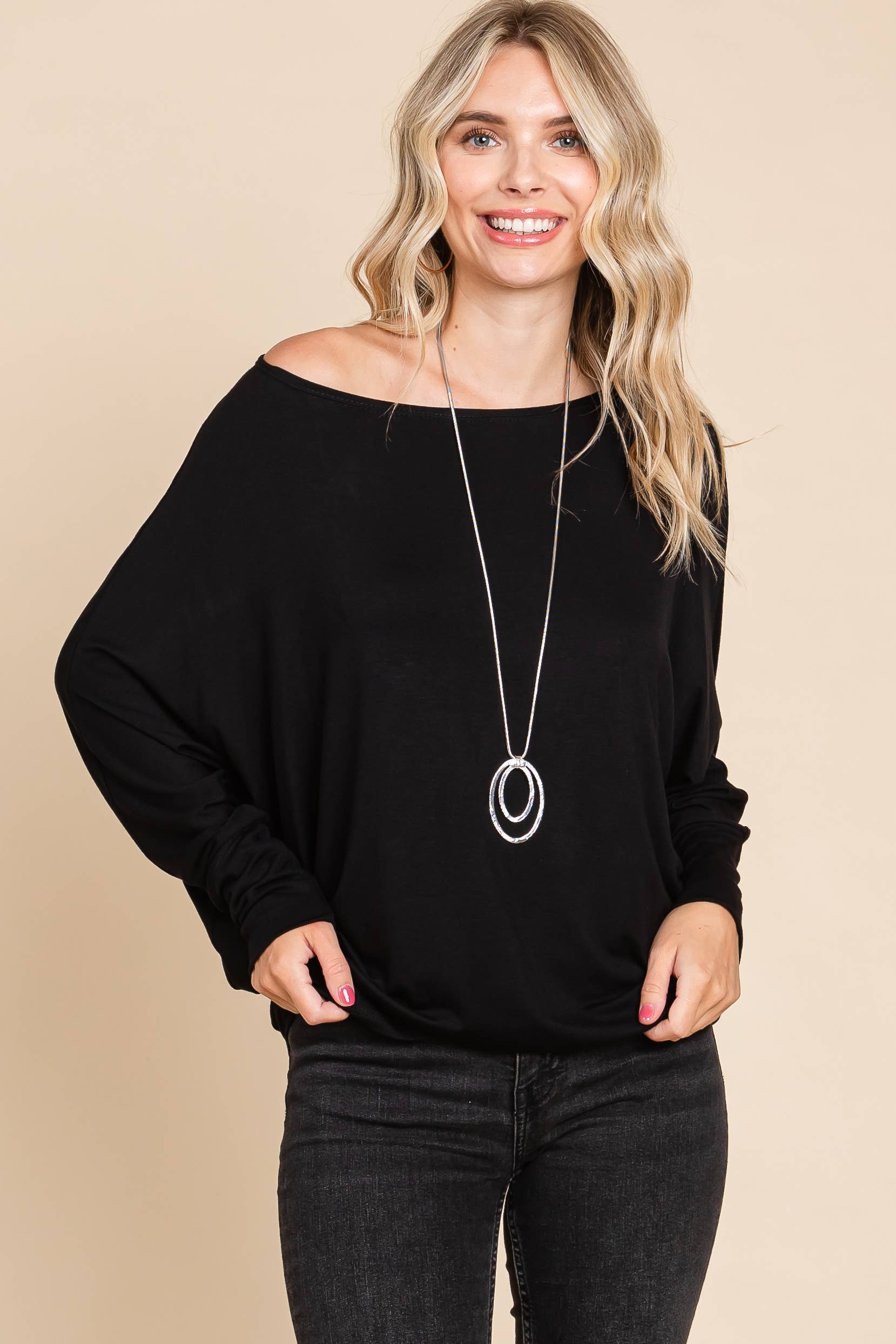 ETK-8992-PL Plus Size Solid Rayon Boat-Neckline Causal Top