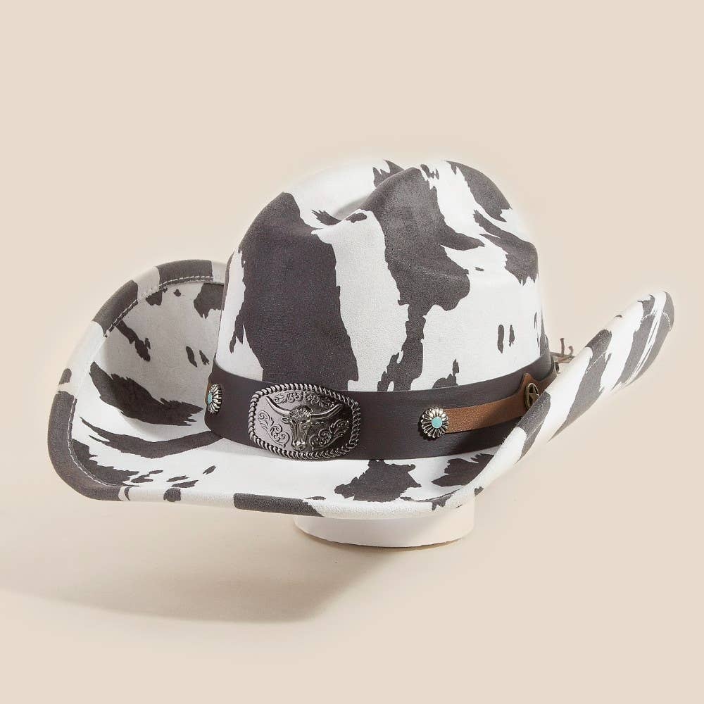 Cow Print Western Long Horn Strap Cowboy Hat