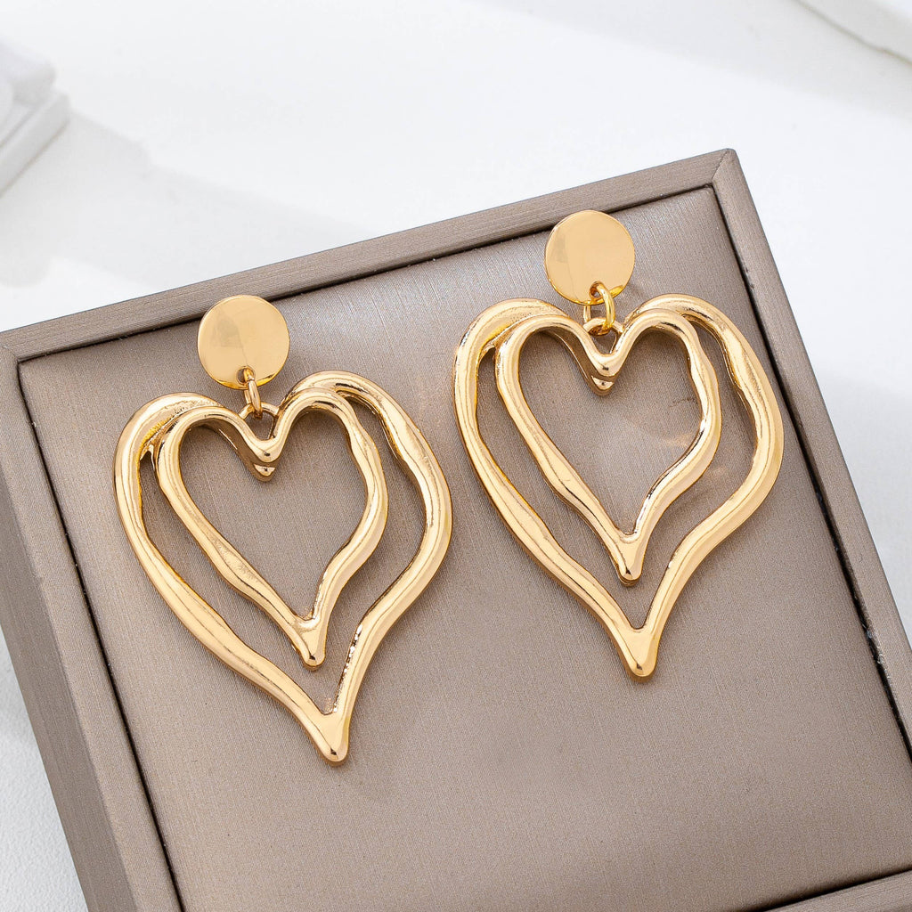 Double Layer Gold-Tone Heart Drop Earrings