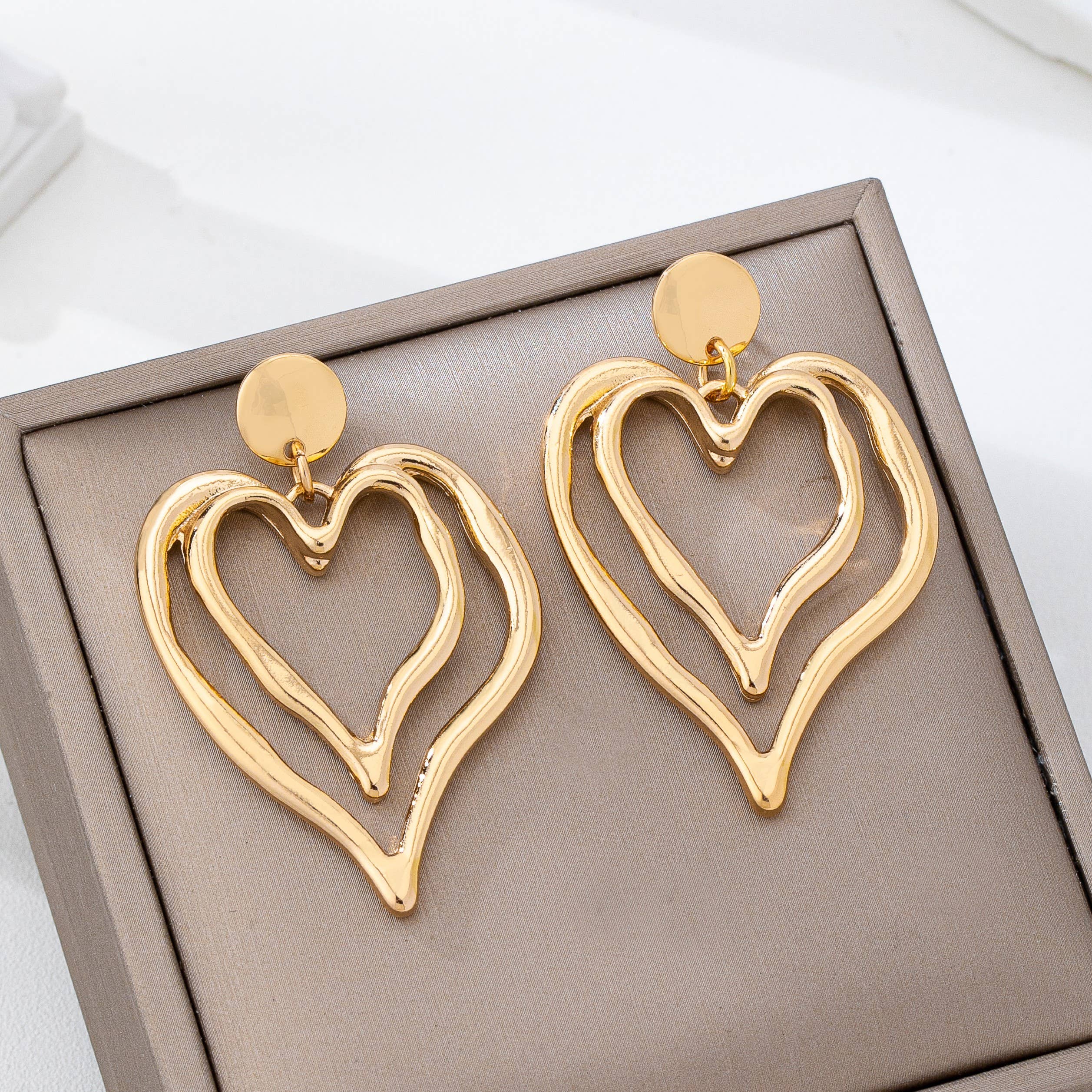 Double Layer Gold-Tone Heart Drop Earrings