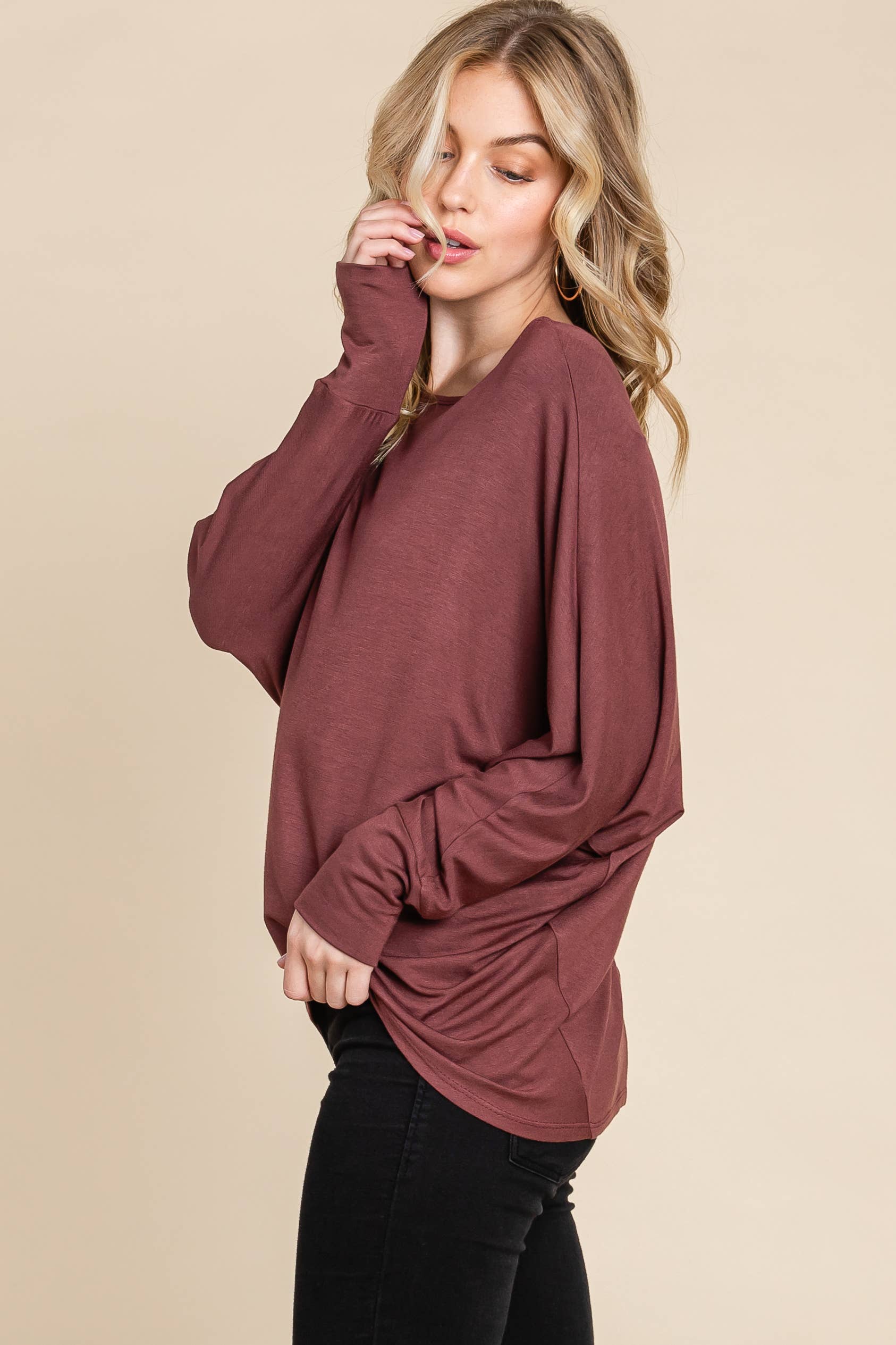 ETK-8992-PL Plus Size Solid Rayon Boat-Neckline Causal Top