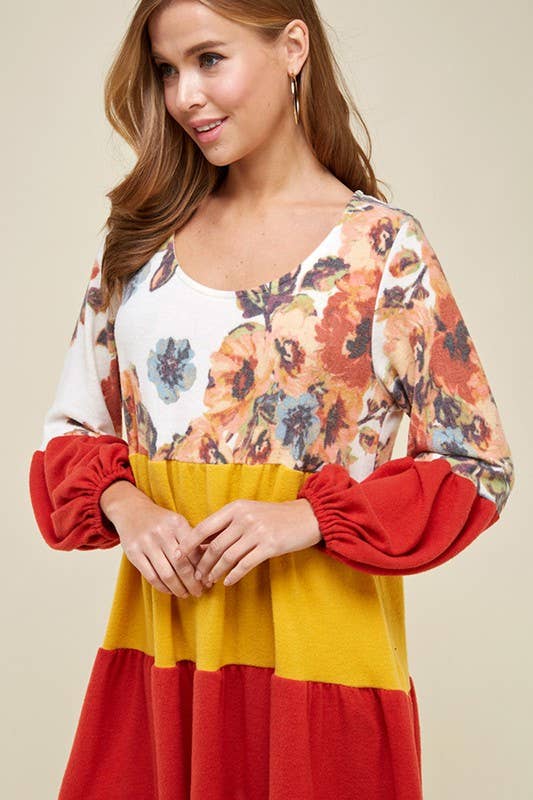 ETK-7798 Floral Color Block Babydoll Dress