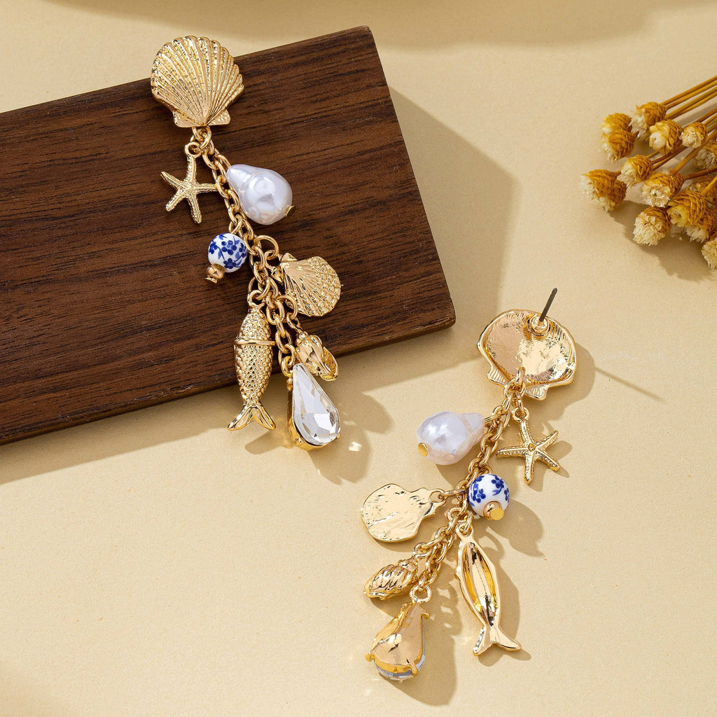 Pearl Shell Fish Cluster Charm Drop Earrings