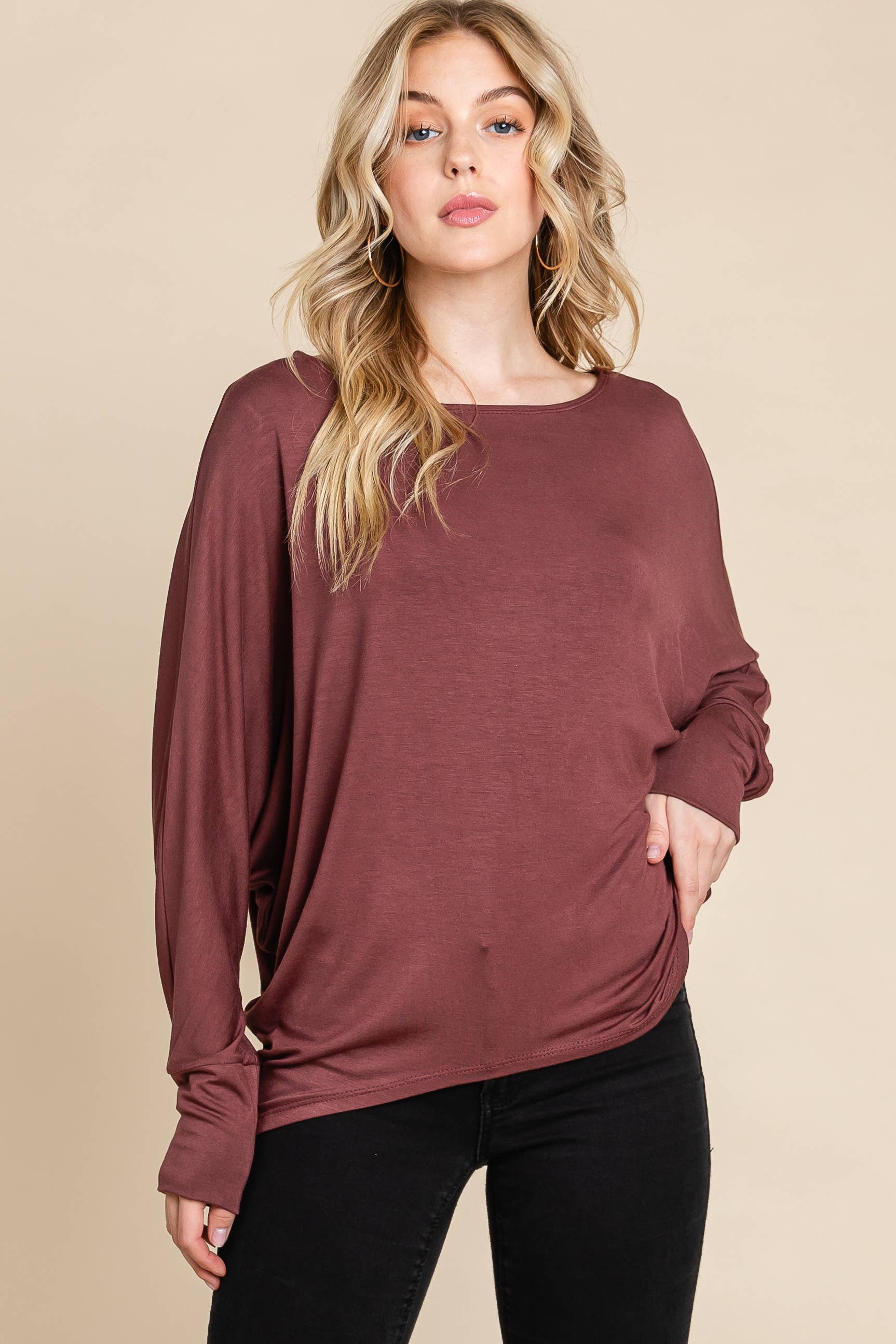 ETK-8992-PL Plus Size Solid Rayon Boat-Neckline Causal Top
