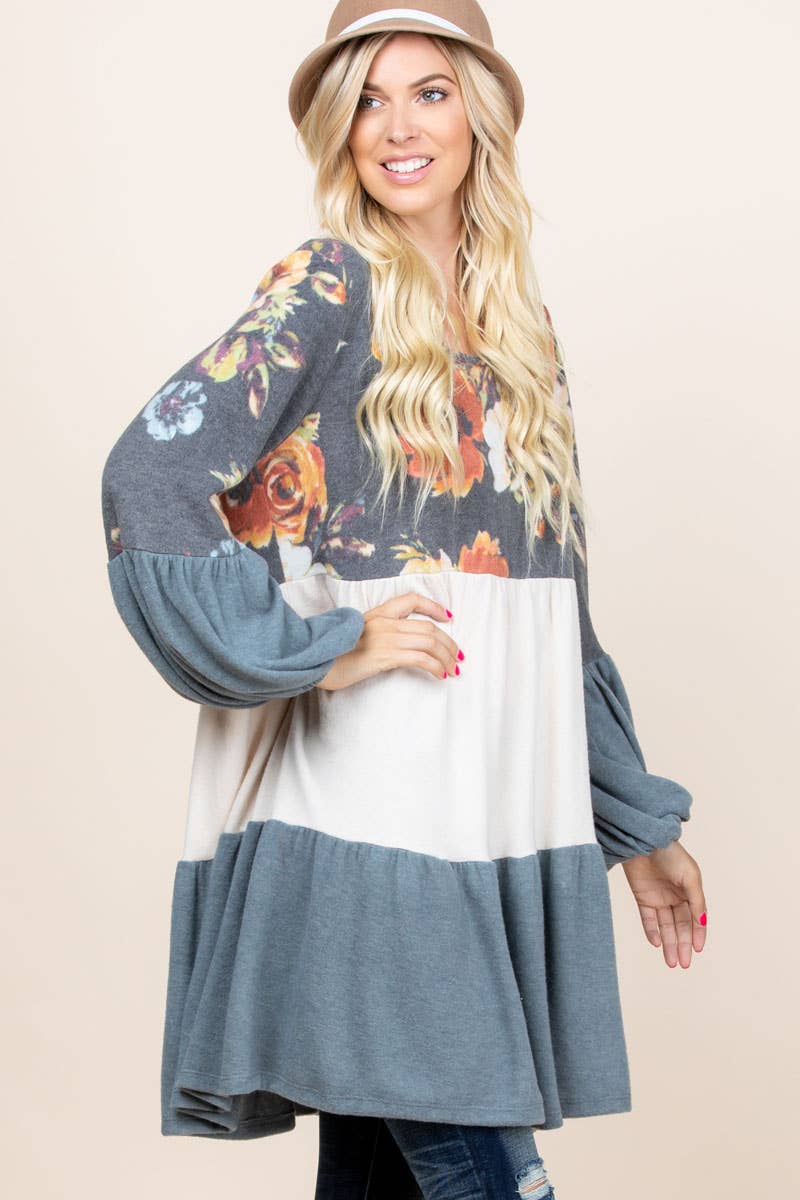 ETK-7798 Floral Color Block Babydoll Dress