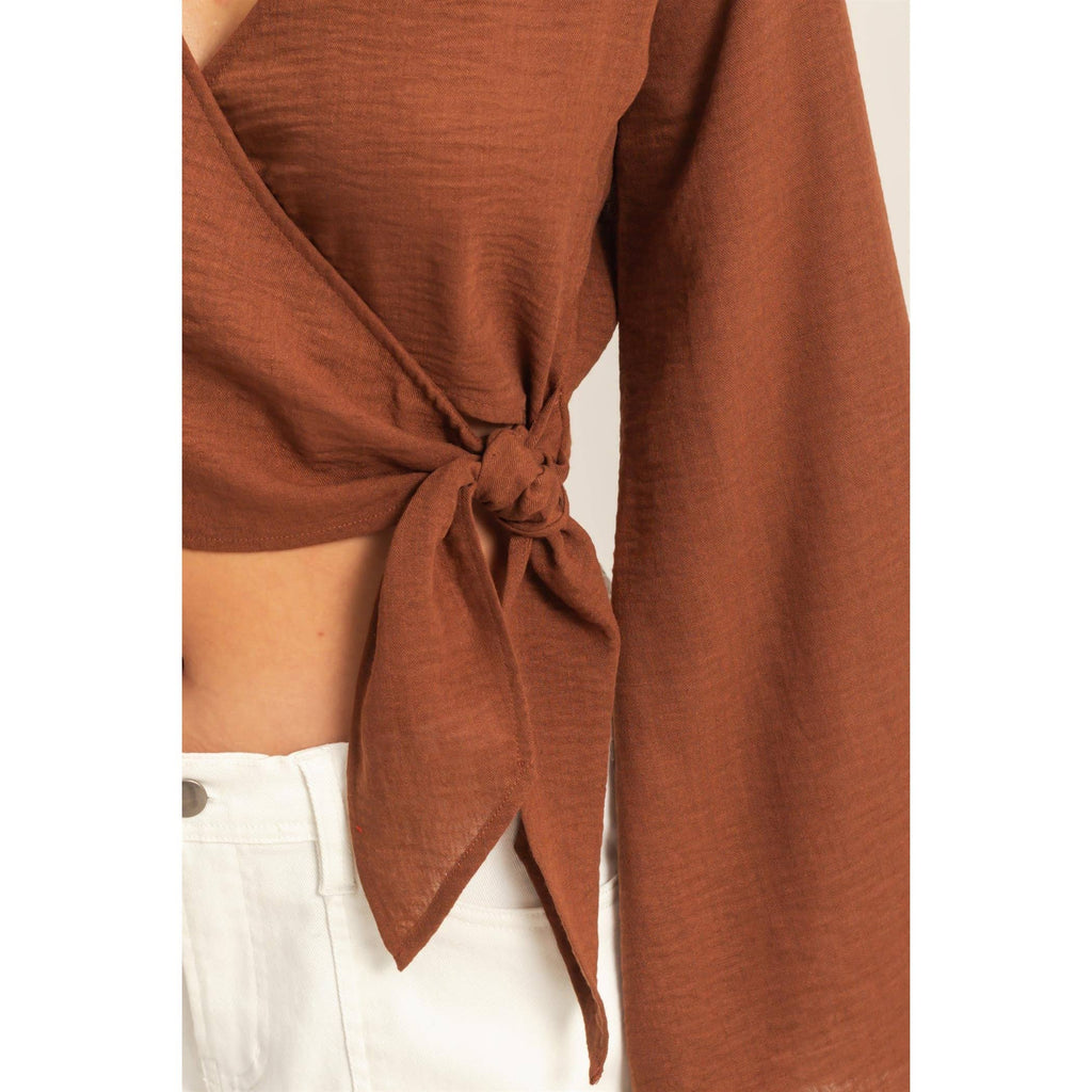 Crinkle Woven Wrap Style Cropped Blouse