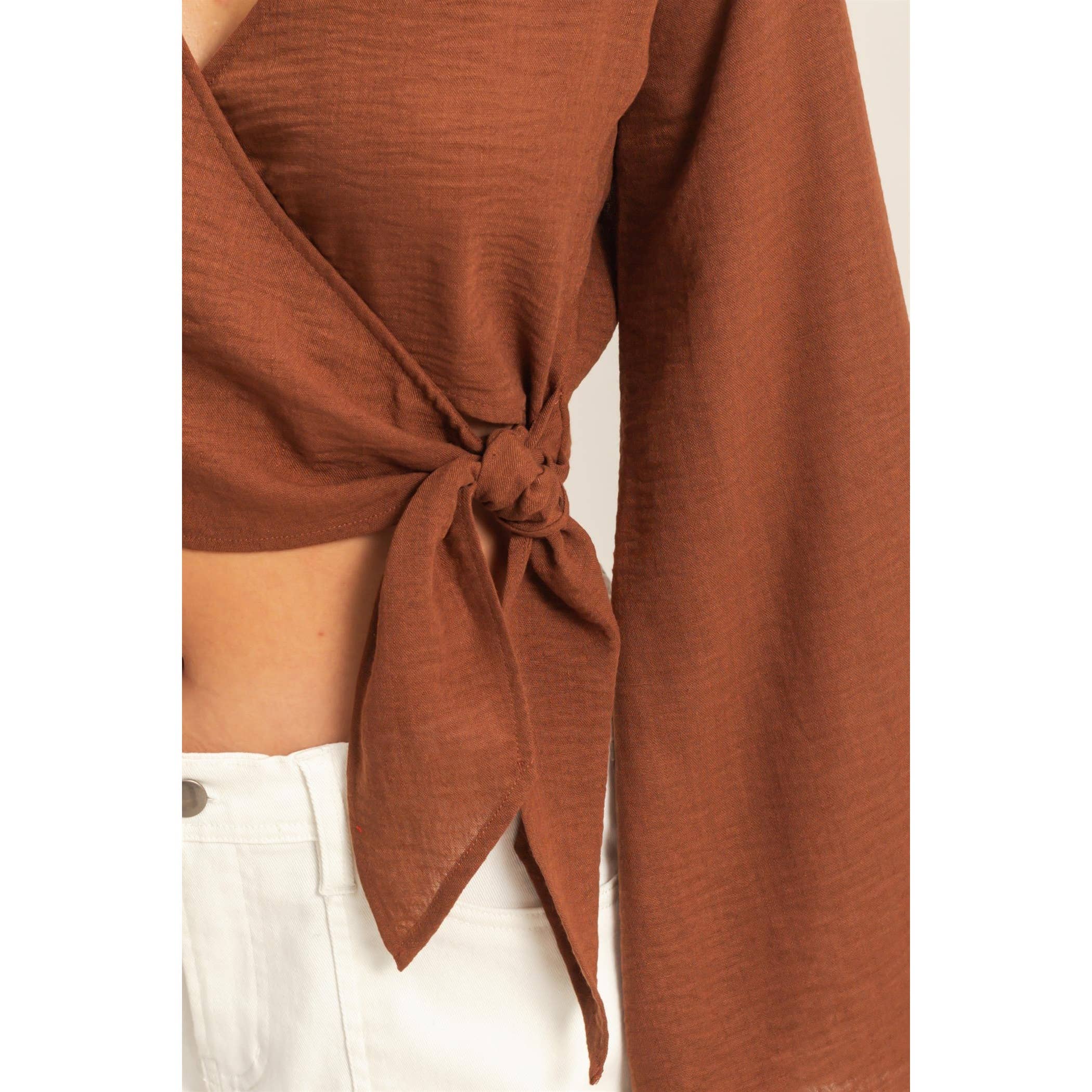 Crinkle Woven Wrap Style Cropped Blouse