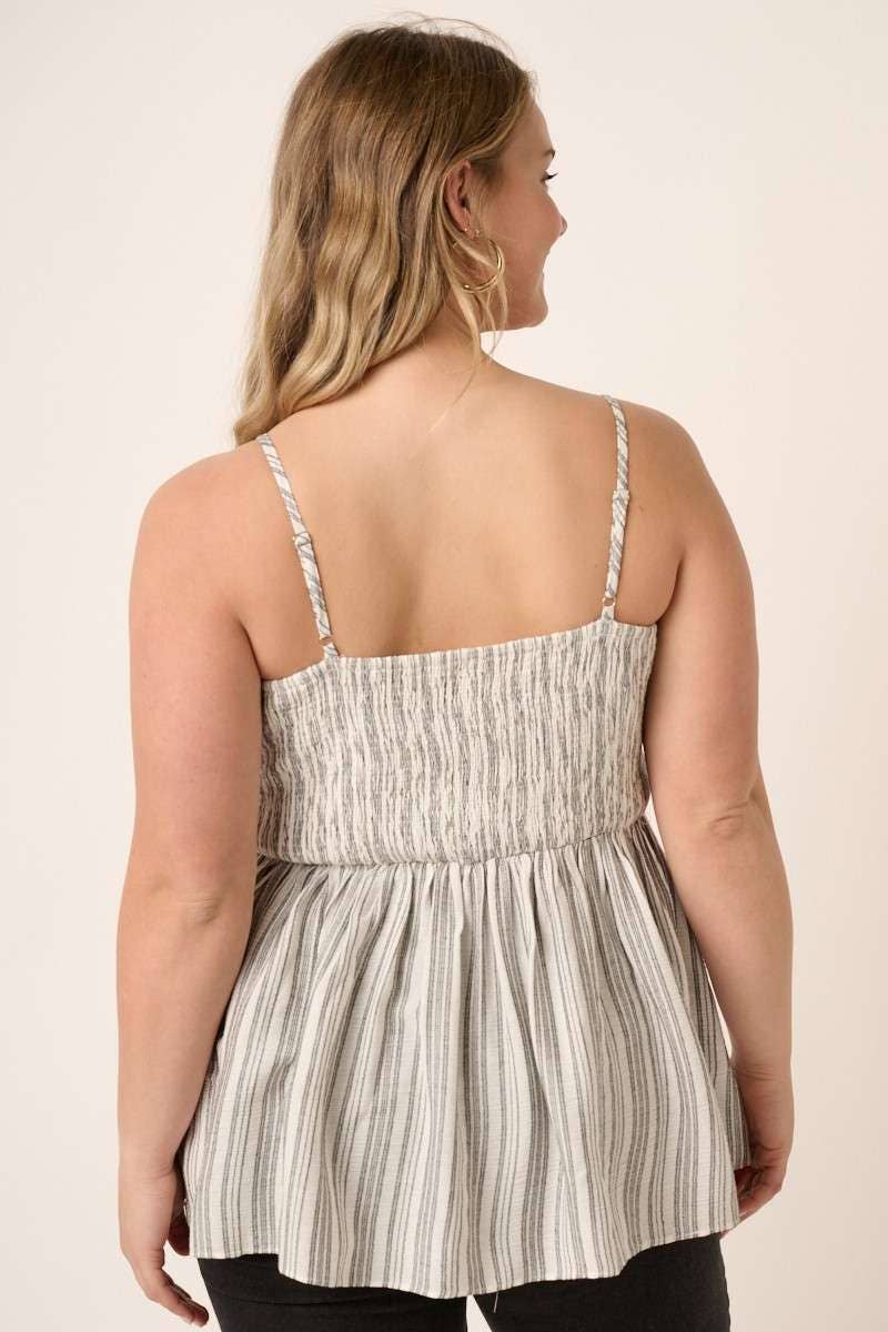 PLUS STRIPE SMOCKING DETAIL TANK BLOUSE