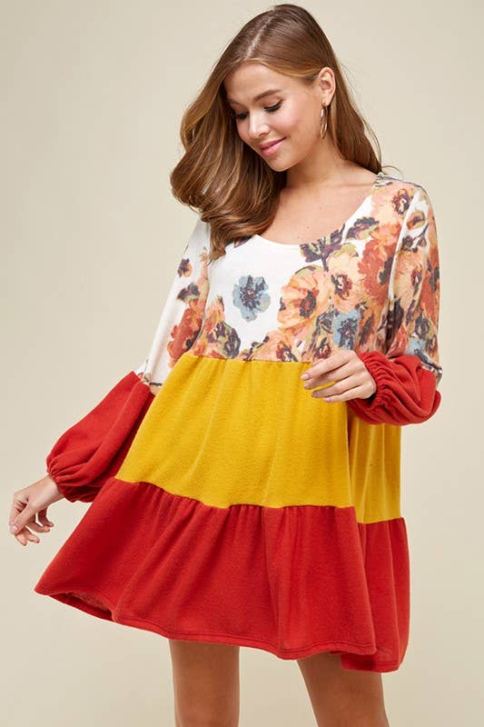 ETK-7798 Floral Color Block Babydoll Dress