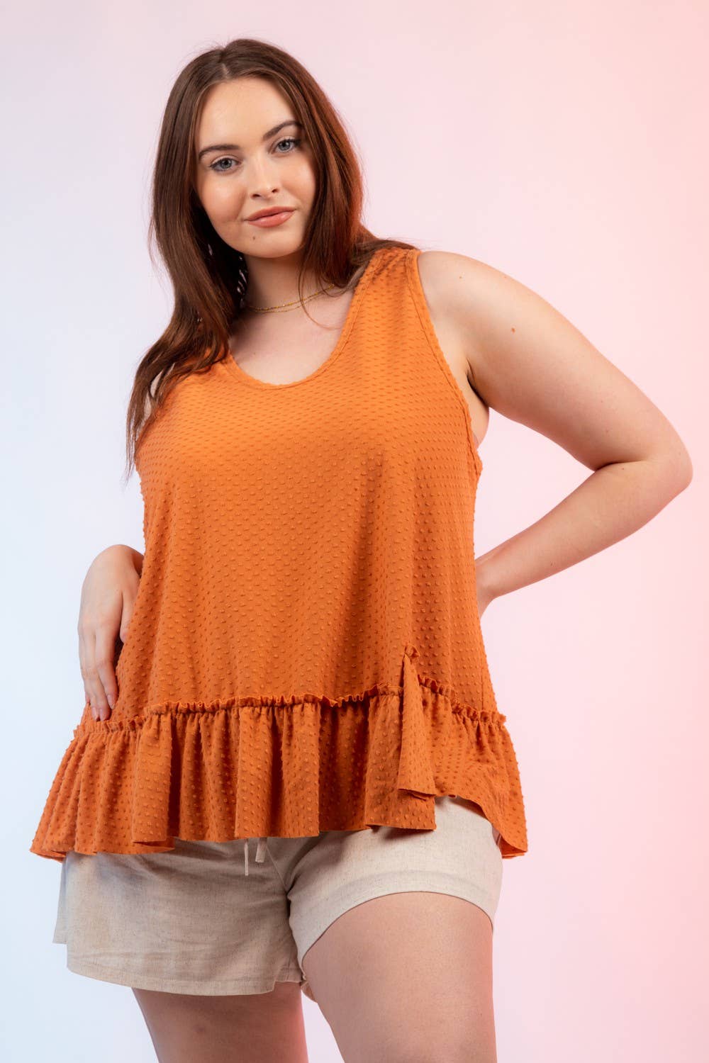 PLUS SIZE Sleeveless Dotted Swiss Ruffle Hem Top