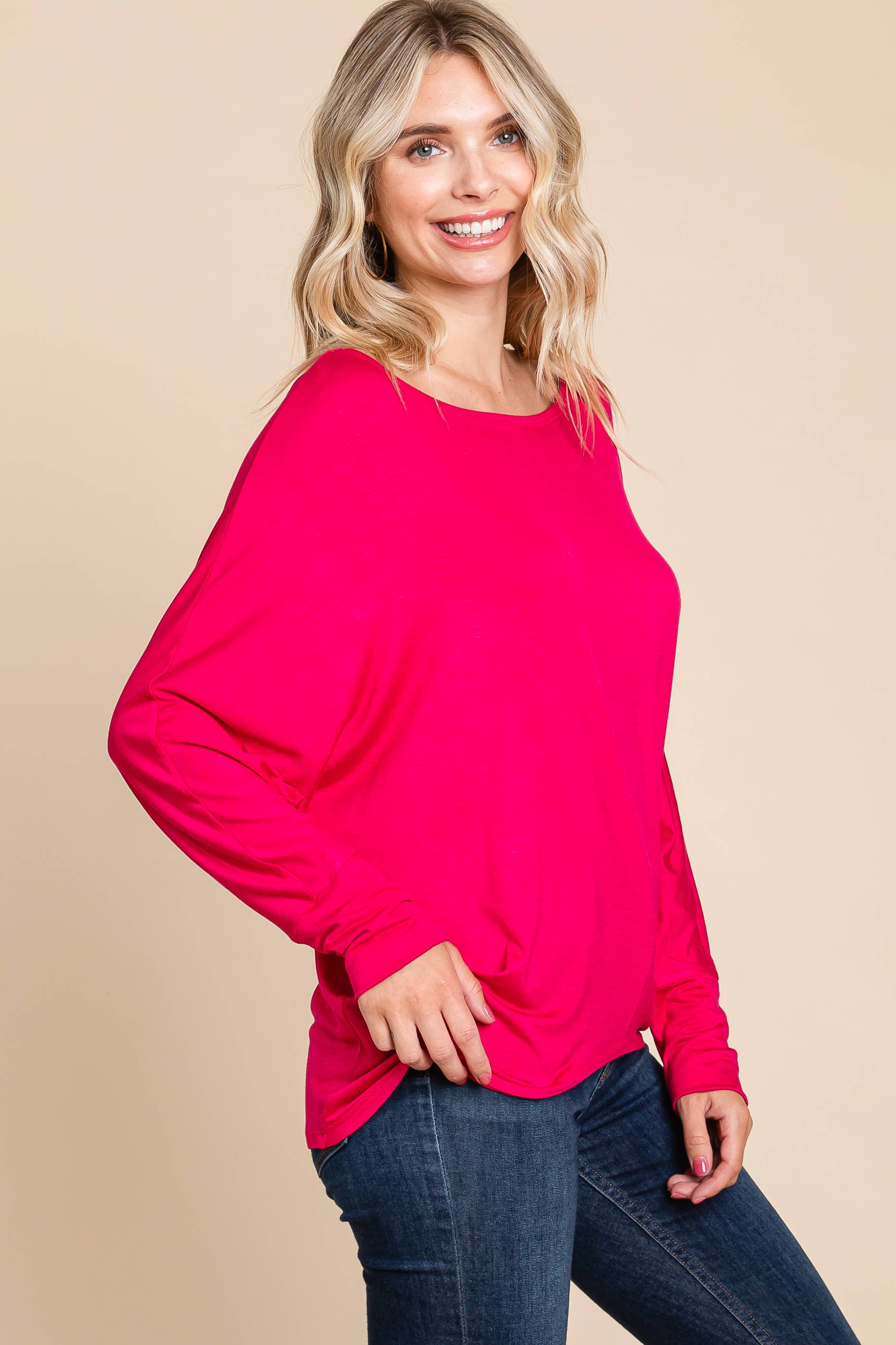 ETK-8992-PL Plus Size Solid Rayon Boat-Neckline Causal Top