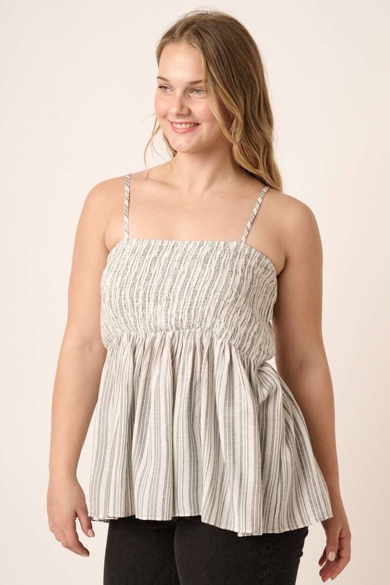 PLUS STRIPE SMOCKING DETAIL TANK BLOUSE