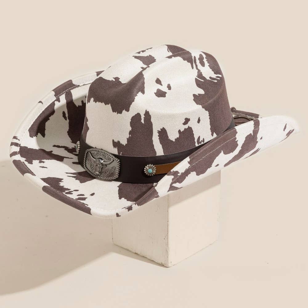 Cow Print Western Long Horn Strap Cowboy Hat