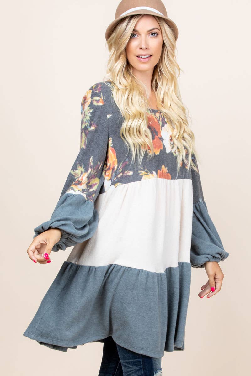ETK-7798 Floral Color Block Babydoll Dress