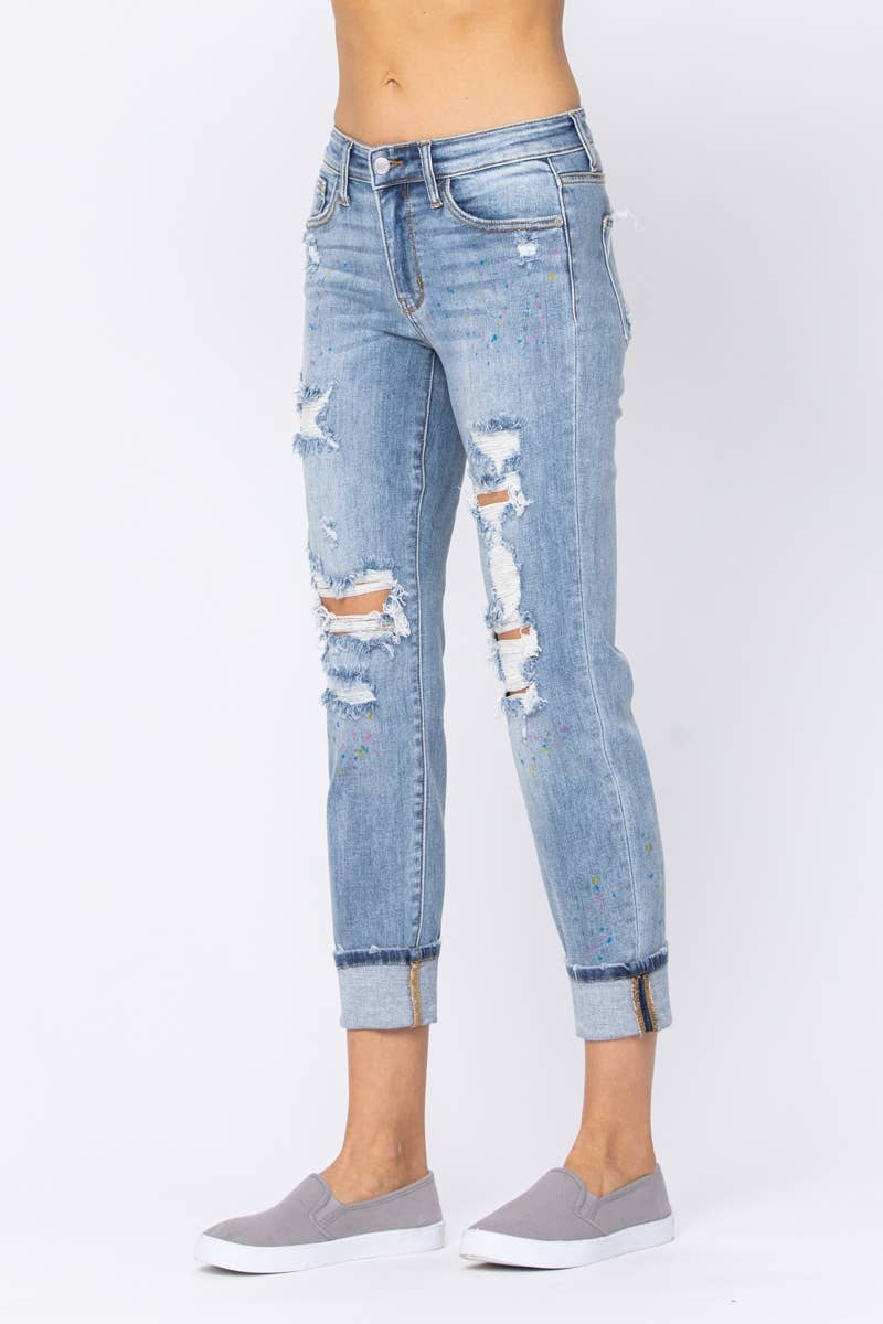 JUDY BLUE  BOYFRIEND PAINT SPLASH DENIM