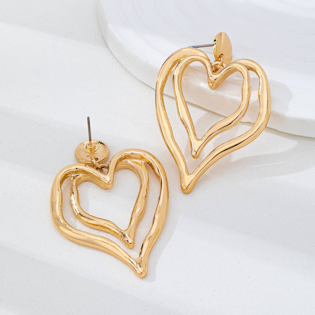Double Layer Gold-Tone Heart Drop Earrings