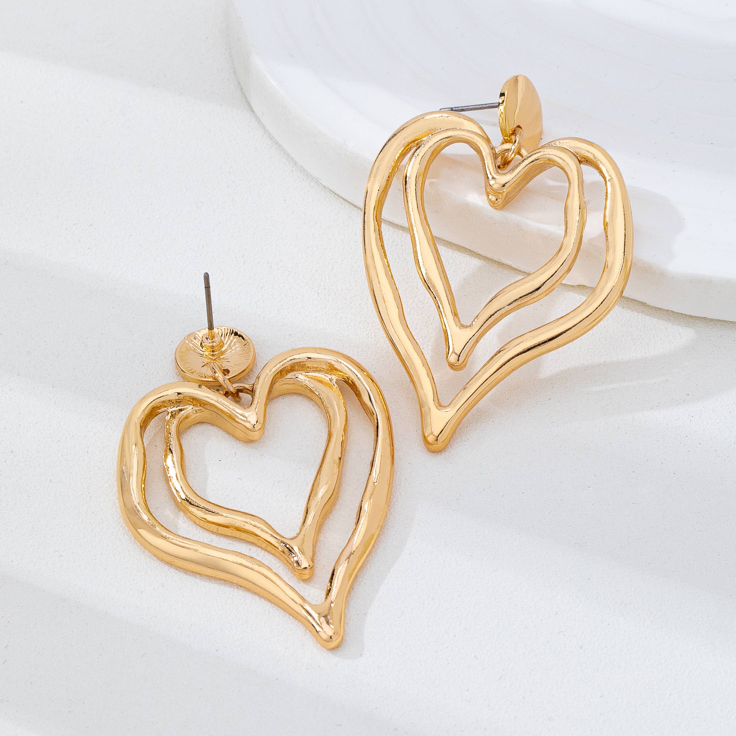 Double Layer Gold-Tone Heart Drop Earrings