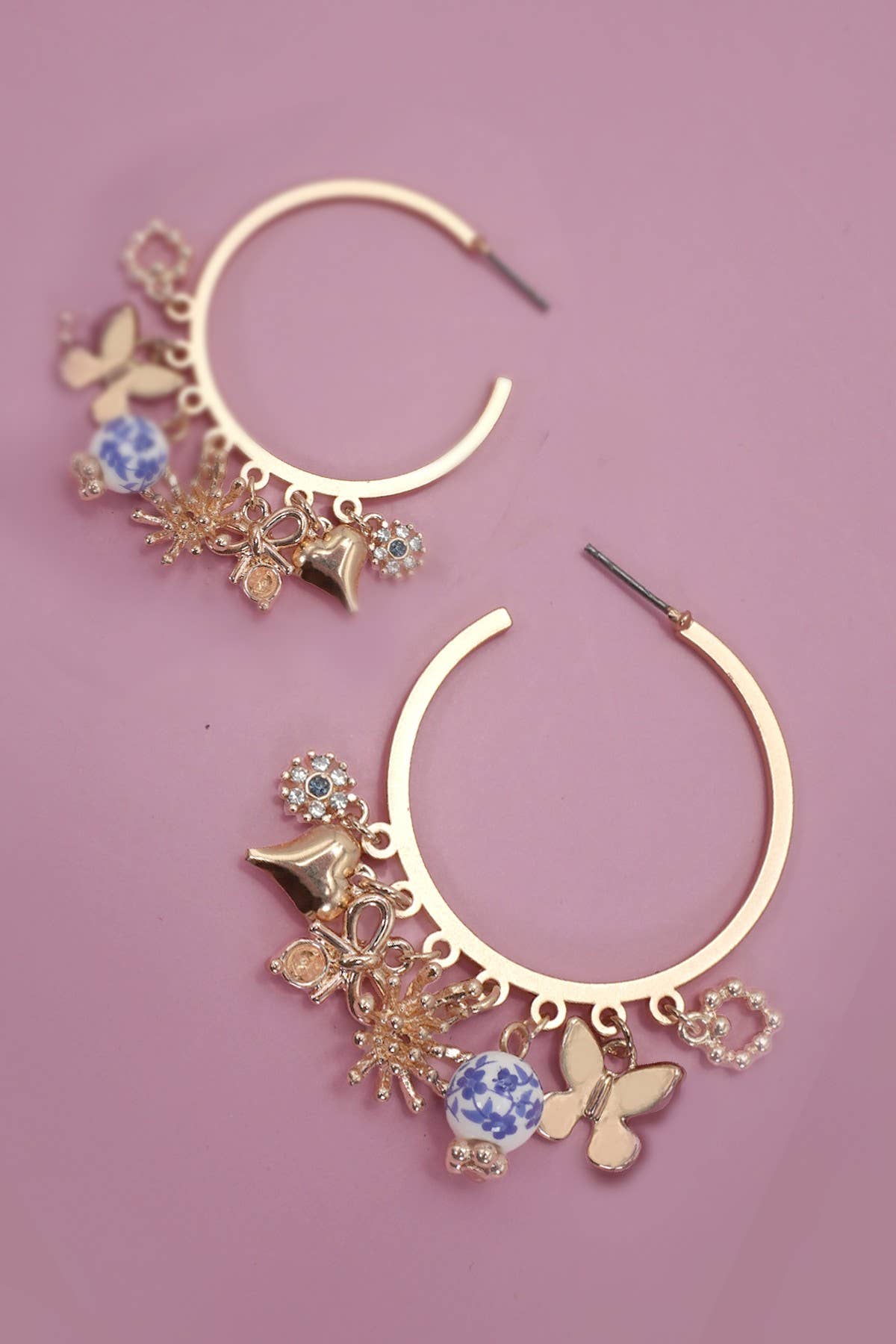 BLUE CERAMIC PORCELAIN MULTI CHARM HOOP EARRINGS
