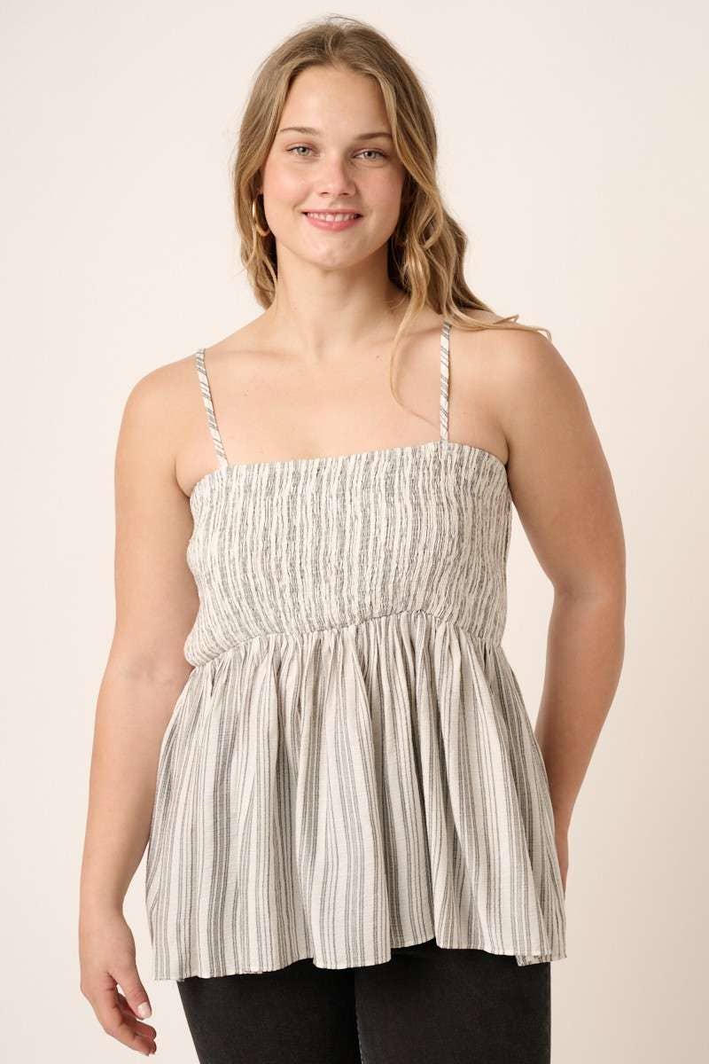 PLUS STRIPE SMOCKING DETAIL TANK BLOUSE