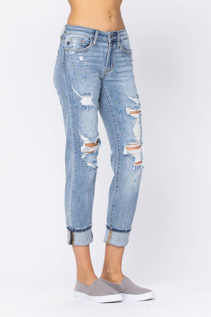 JUDY BLUE  BOYFRIEND PAINT SPLASH DENIM