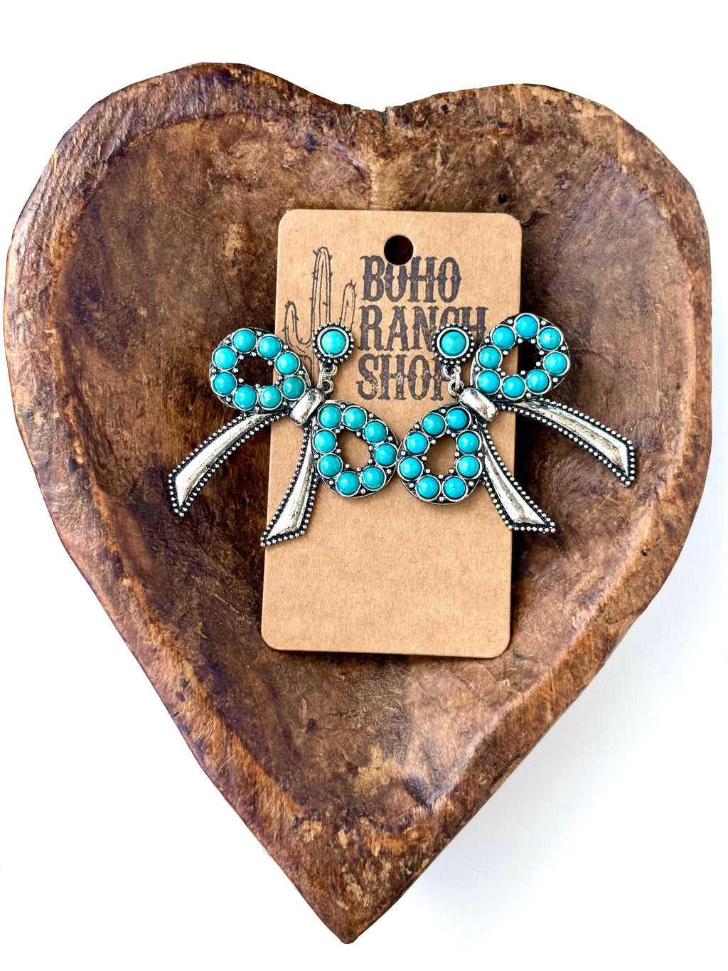 Coquette Bow Ribbon with Turquoise Stone Post Drop Earrings