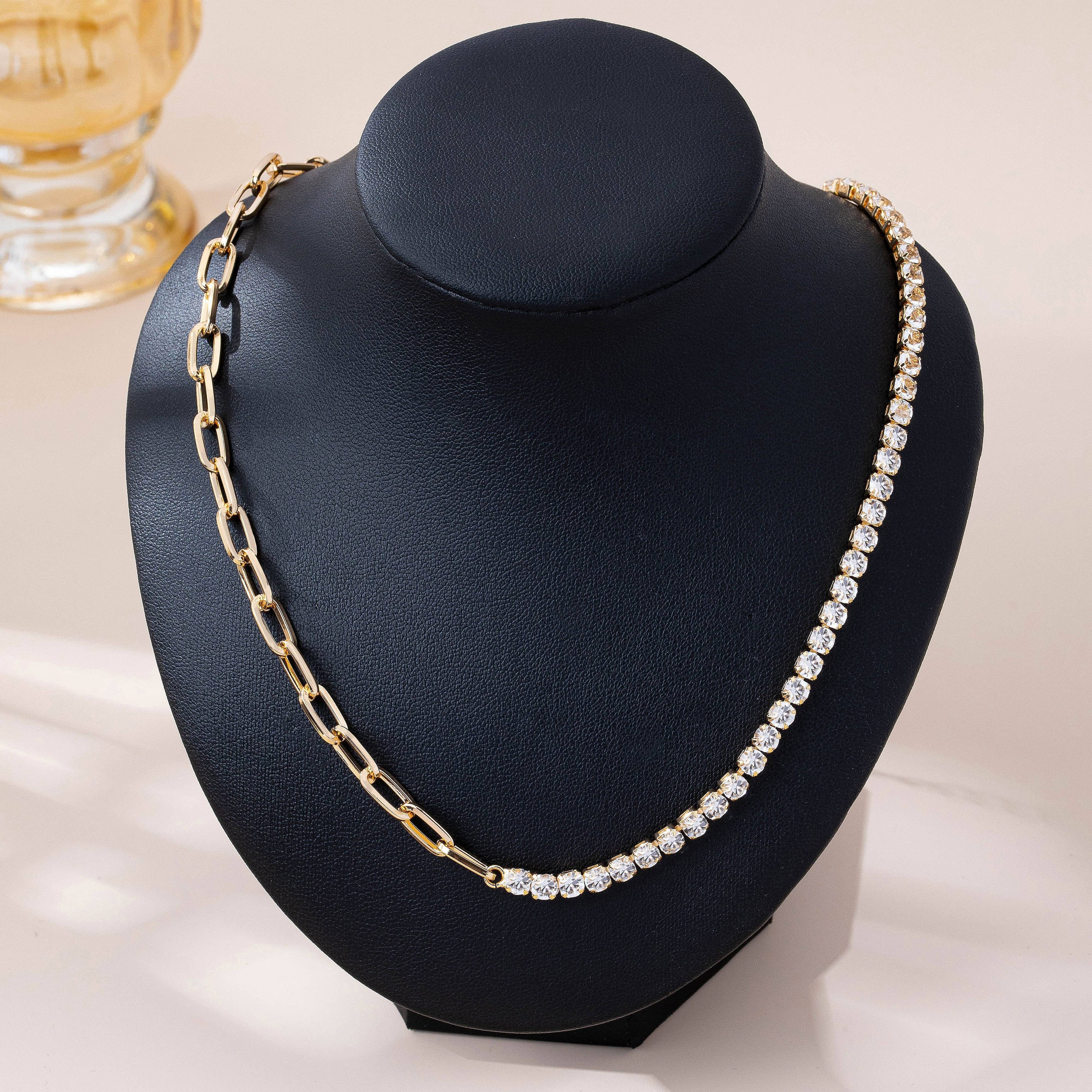 Dual Necklace-Half Rhinestones & Half Link Chain