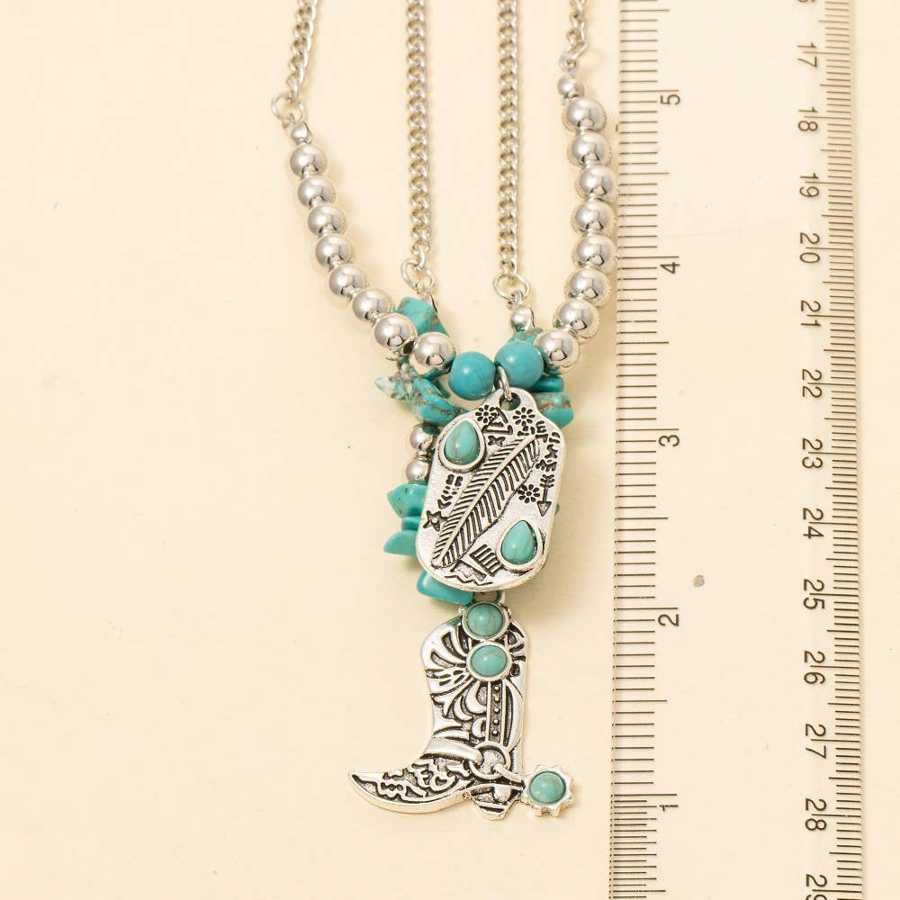 Engraved Cowboy Boot And Tag Turquoise Beads Layered Chain