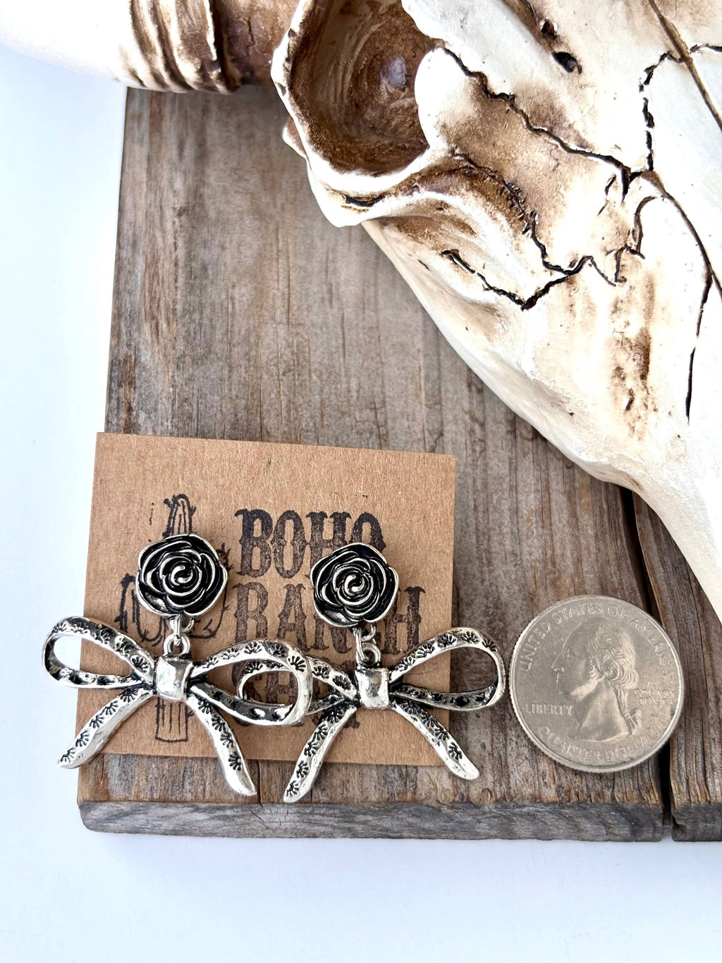 Western Rose Flower & Coquette Bow Post Drop Earrings