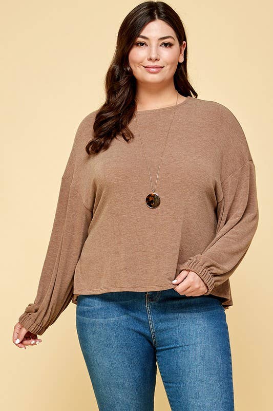 ETK-8582-PL Plus Size Solid Ruched Back Casual Top