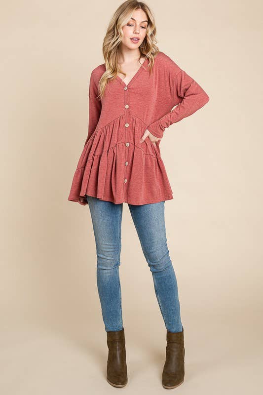 ETK-8529 Solid Swing Button Up Tunic Top
